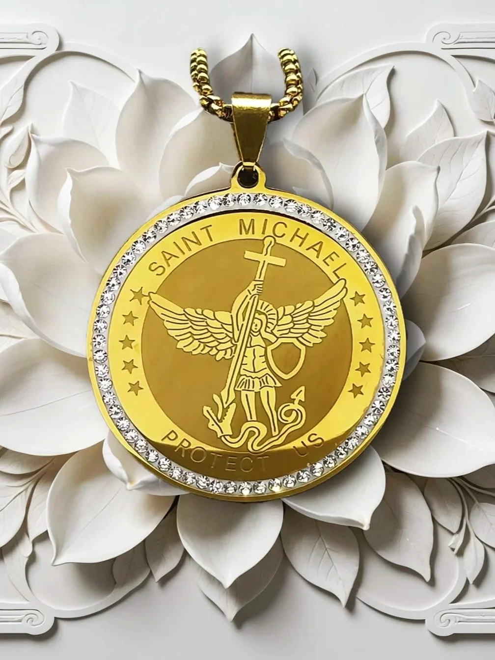 ARC+MICHAEL+PENDANT+GOLDEN+CROSS+PRAYER+YHVH+HOLY+SPIRIT+DIVINE+SPIRITUAL+RELIGIOUS+FAITH+BIBLE+REVMARIAPIO+JESUS+GOSPEL+WORSHIP+SACRED+JEWELRY