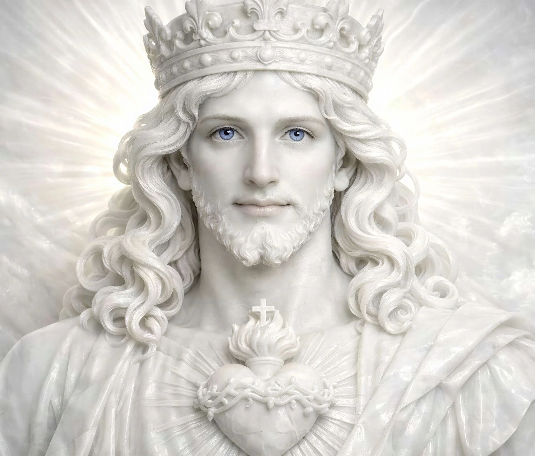 Religious artwork of Jesus as a marble statue with a crown, blue eyes, and long curly hair, and a serene expression, with a detailed Sacred Heart symbol on the chest and a flame and cross. The background shows soft clouds and radiant light.