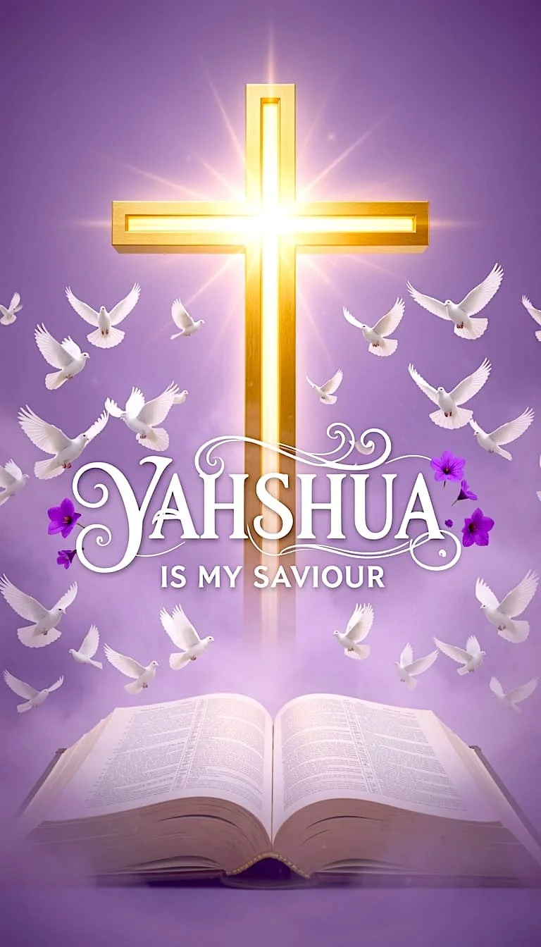 Christ is my Savior Bible in Heaven Divine Worship Golden Cross of Salvation white doves the Holy Spirit