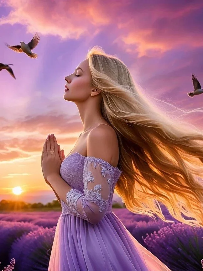 Religious artwork of a devotee christian young lady in prayer and worship in lilac fields