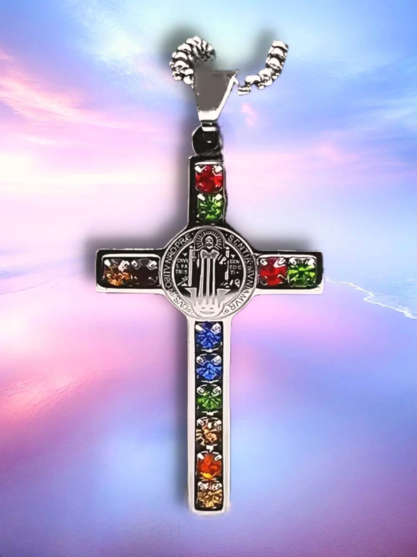 St. Benedict Cross with Vibrant Zirconia Stones Silver