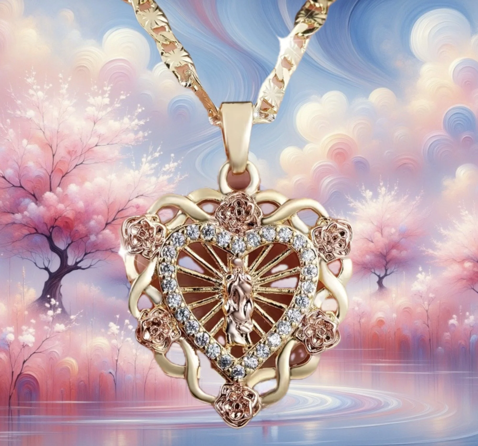 Elegant Mother Mary's Sweet Heart Pendant with Roses