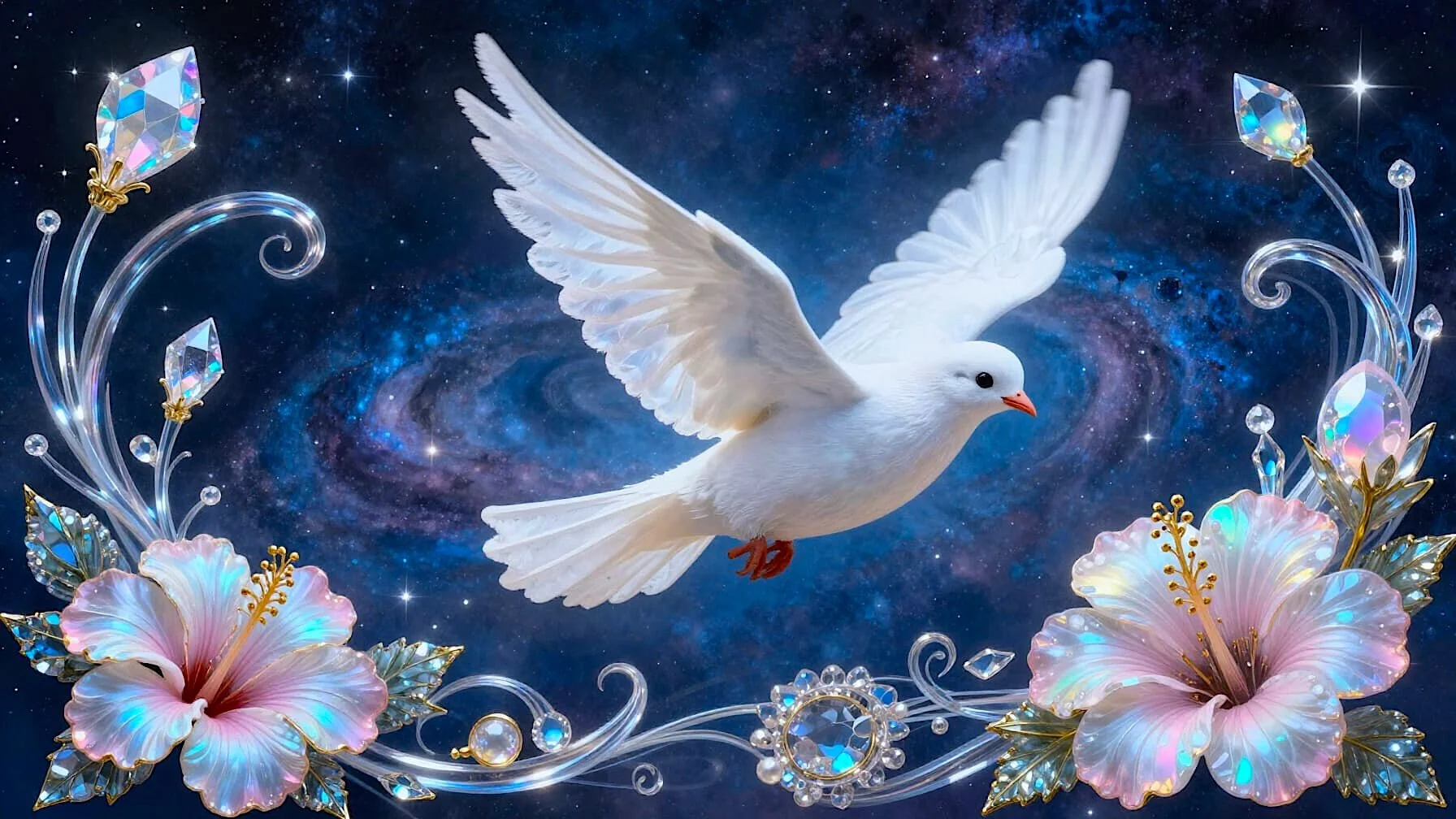 Religious artwork of the white dove as the Holy Spirit on galaxy background