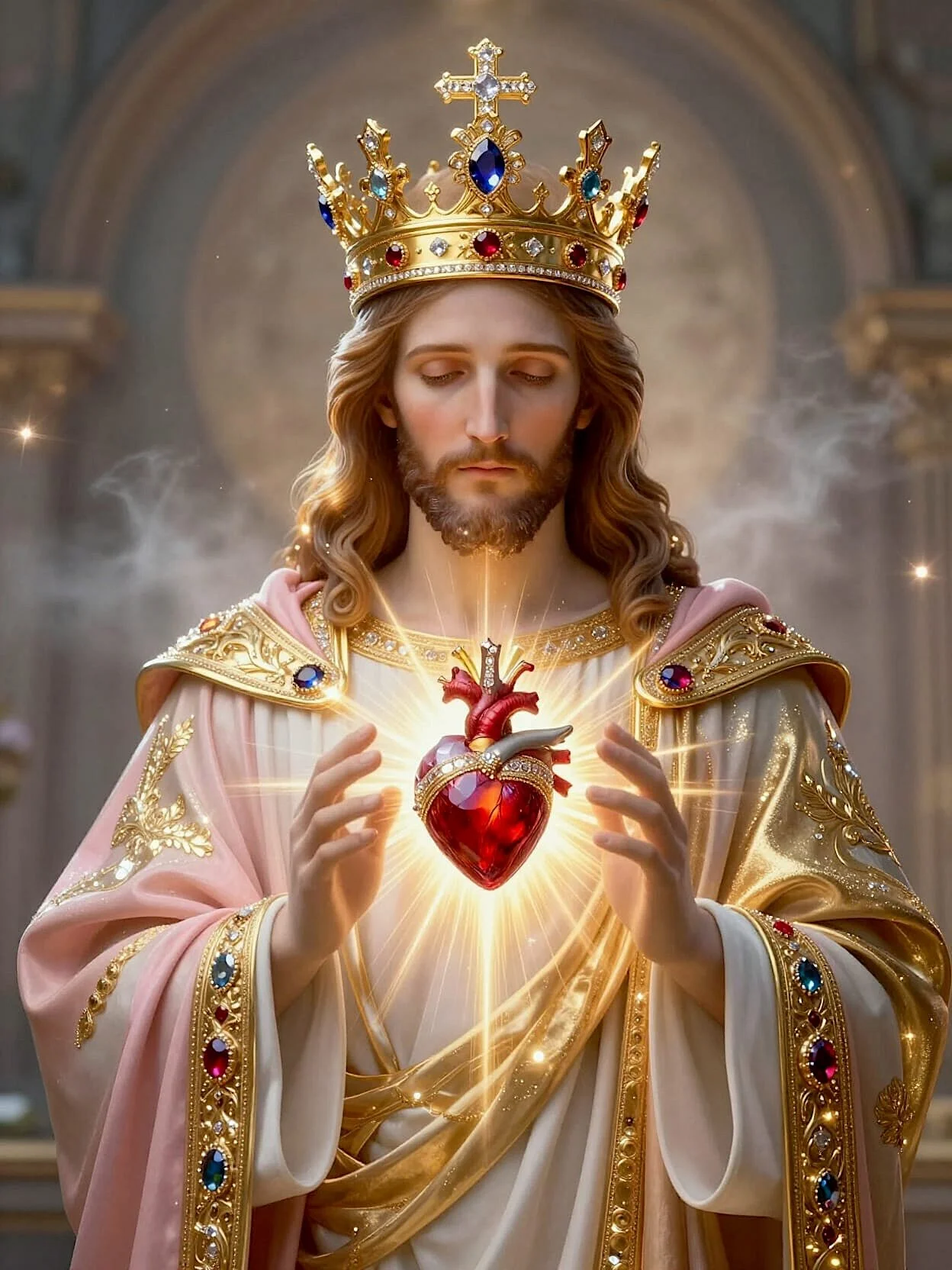 Religious artwork of Our Savior Jesus Christ christian catholic worship with gonde crown sacred heart