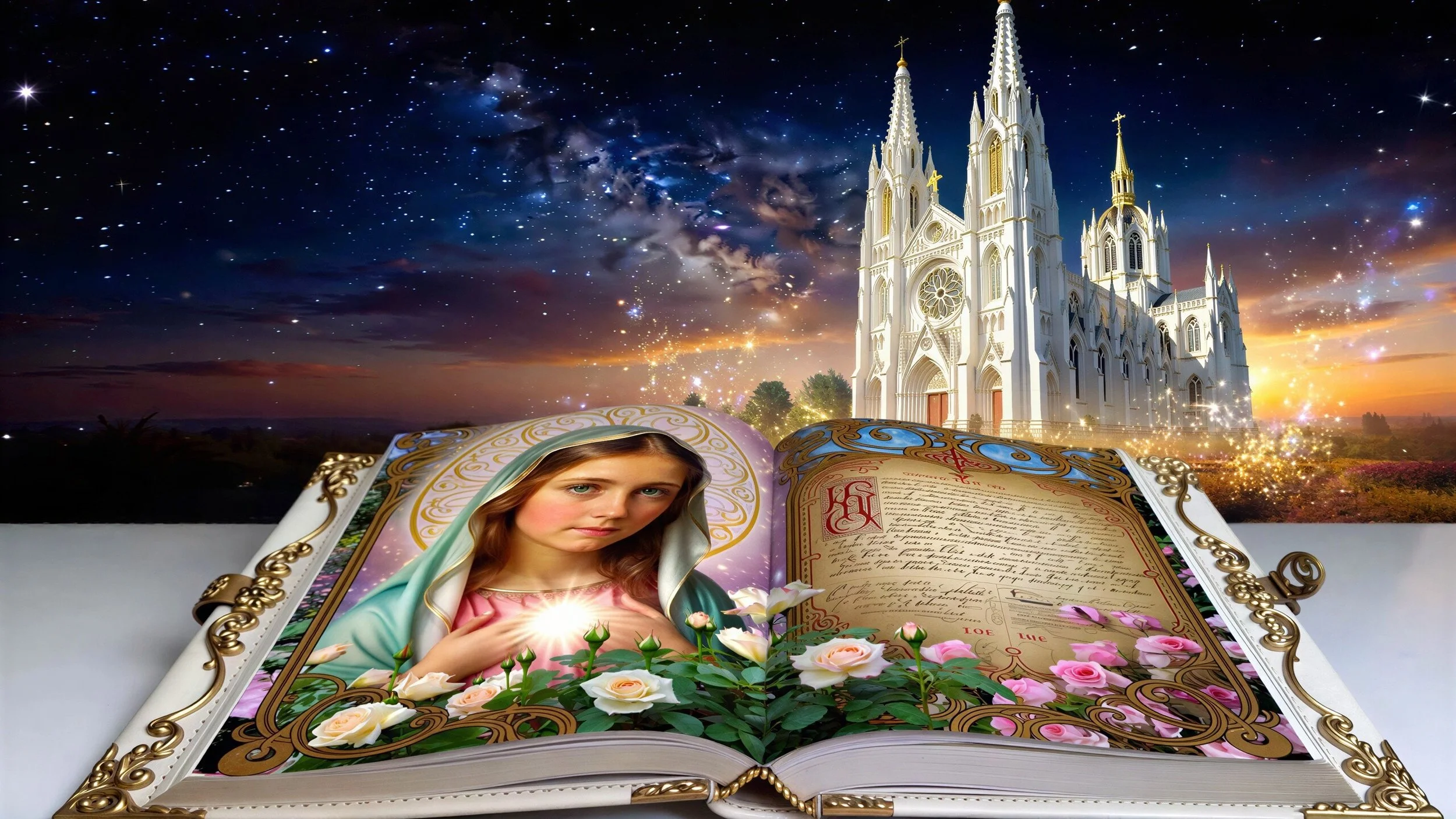 Religious artwork of Blessed Mother Mary and Christian catholic cathedral