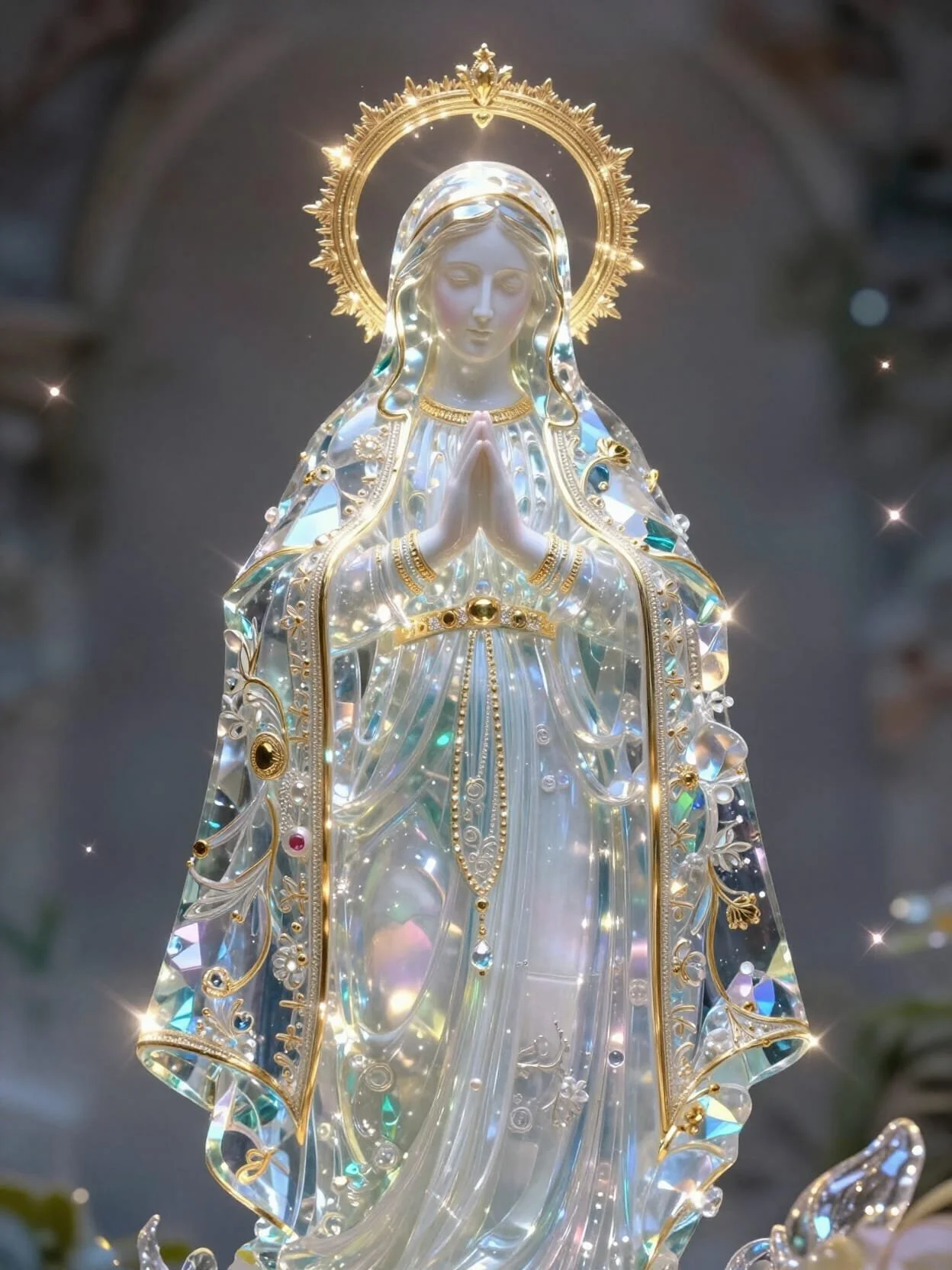 Religious artwork of Blessed Vigin Mary with the halo in prayer