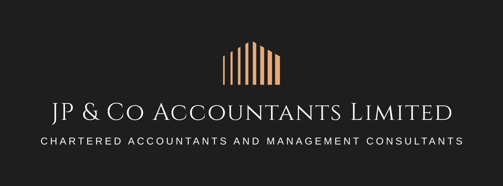 Black background with an abstract peach-colored geometric shape and white text that reads 'JP & Co Accountants Limited' and 'Chartered Accountants and Management Consultants'.