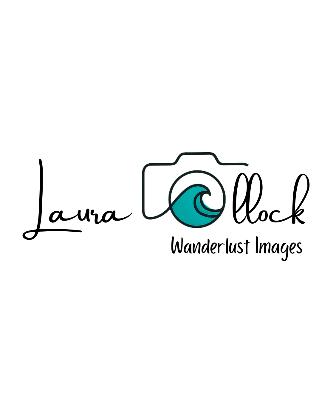 Logo for Laura Lock Wanderlust Images, featuring a camera outline with a wave inside the lens, and stylized text.
