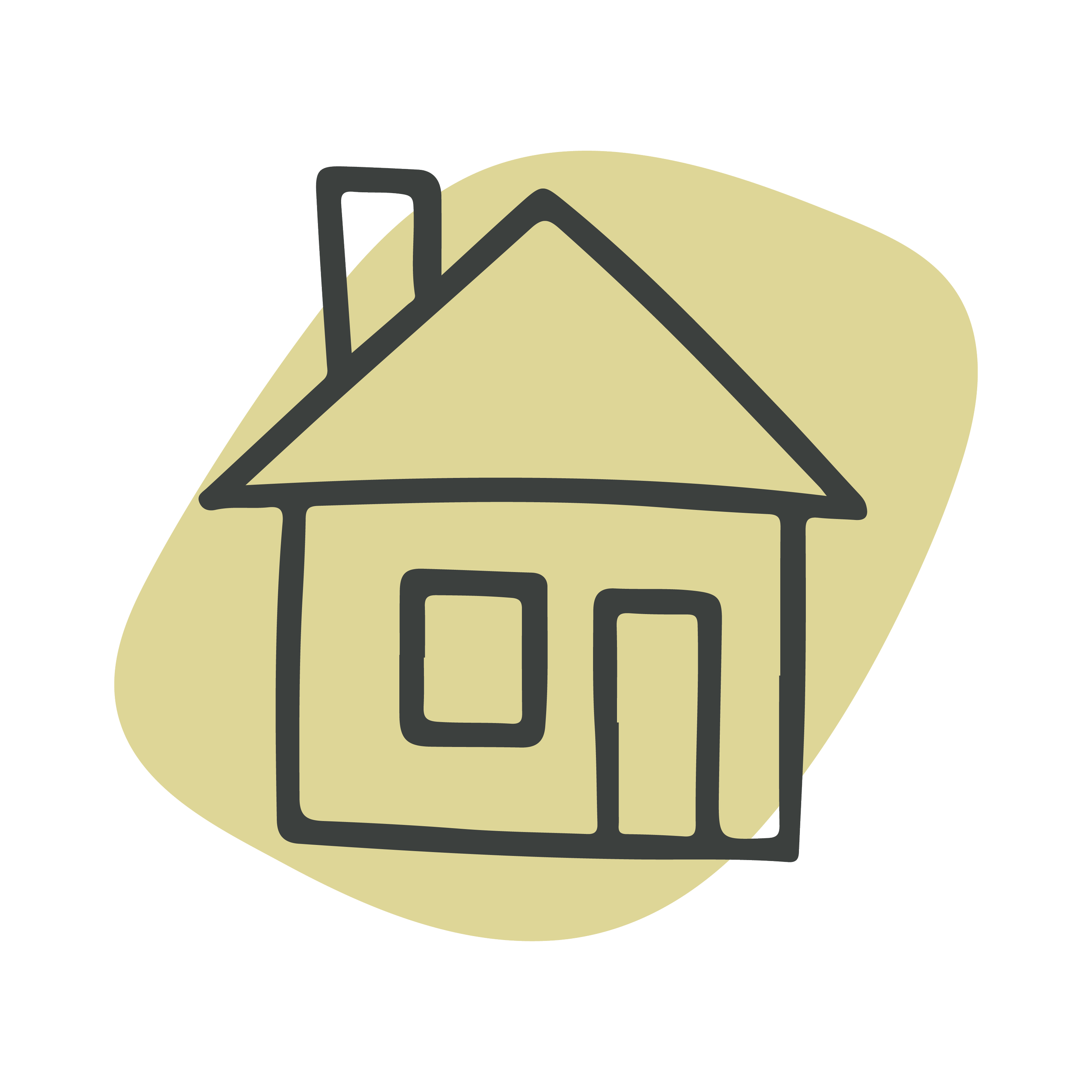 Illustration of a house with a gabled roof, chimney, and front door, set against a yellow circular background.