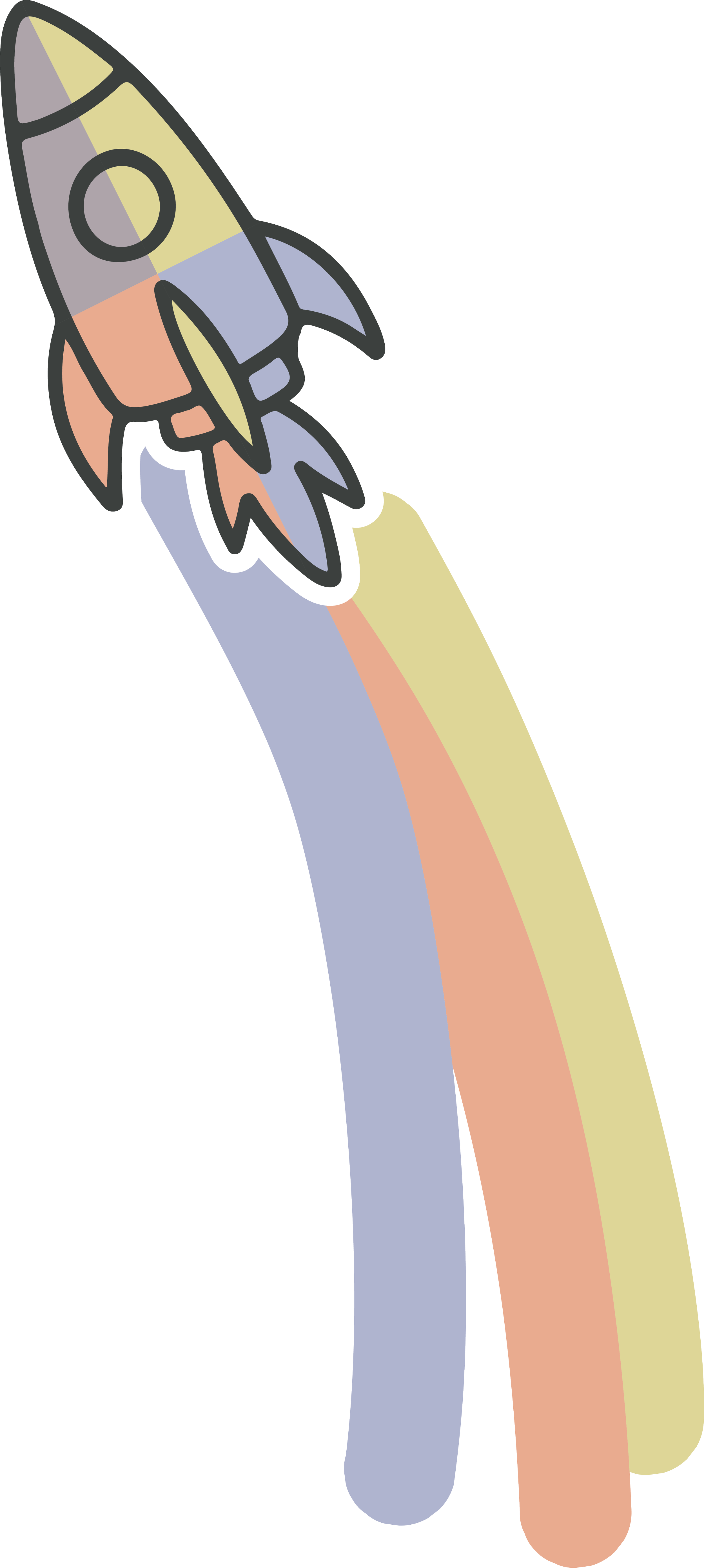 A cartoon rocket launching with a trail of pastel-colored smoke in yellow, peach, and light purple.