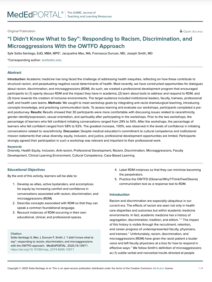 Title page of a scholarly article on MedEdPORTAL discussing responding to racism, discrimination, and microaggressions using the OWTED approach, including abstract, keywords, and introduction sections.