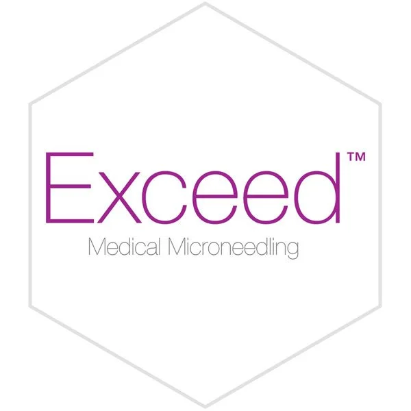 Logo for Exceed Medical Microneedling, featuring the word 'Exceed' in purple within a hexagon outline.
