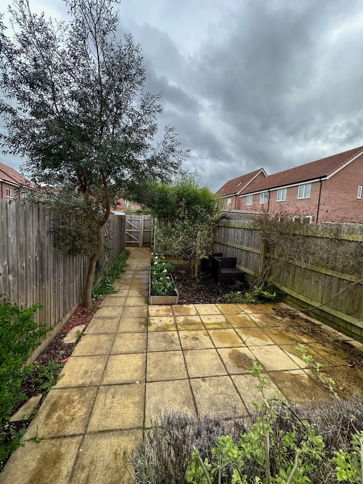 A small backyard garden with a paved patio, trees, plants, and a wooden fence under a cloudy sky.