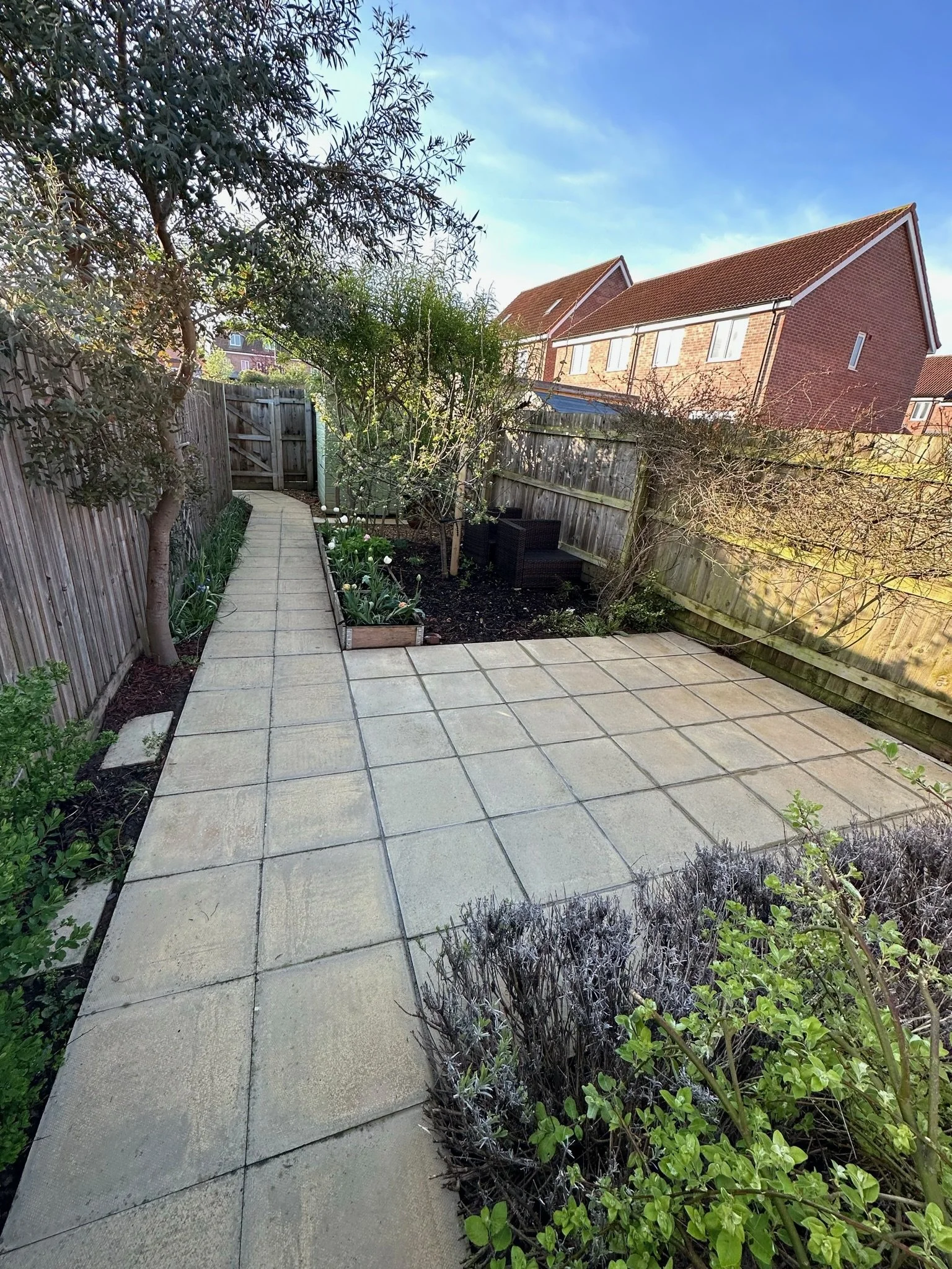 A small backyard with paved patio area, wooden fence, trees, bushes, and flower beds, with neighboring red brick houses in the background and a clear blue sky.
