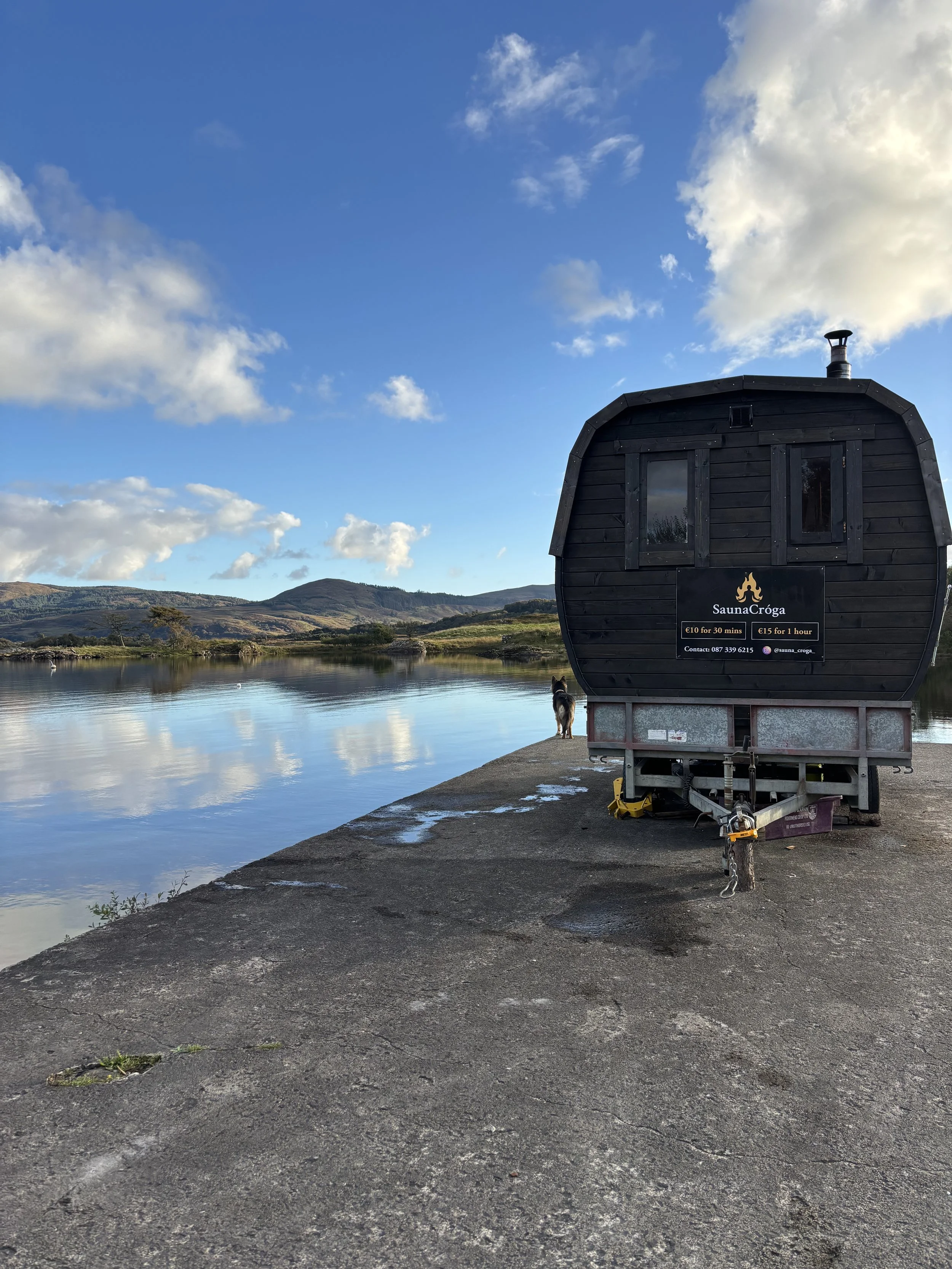 A black wooden sauna on a trailer by a calm lake, with mountains in the background and a dog standing near the sauna. The sky is partly cloudy with reflections on the water.