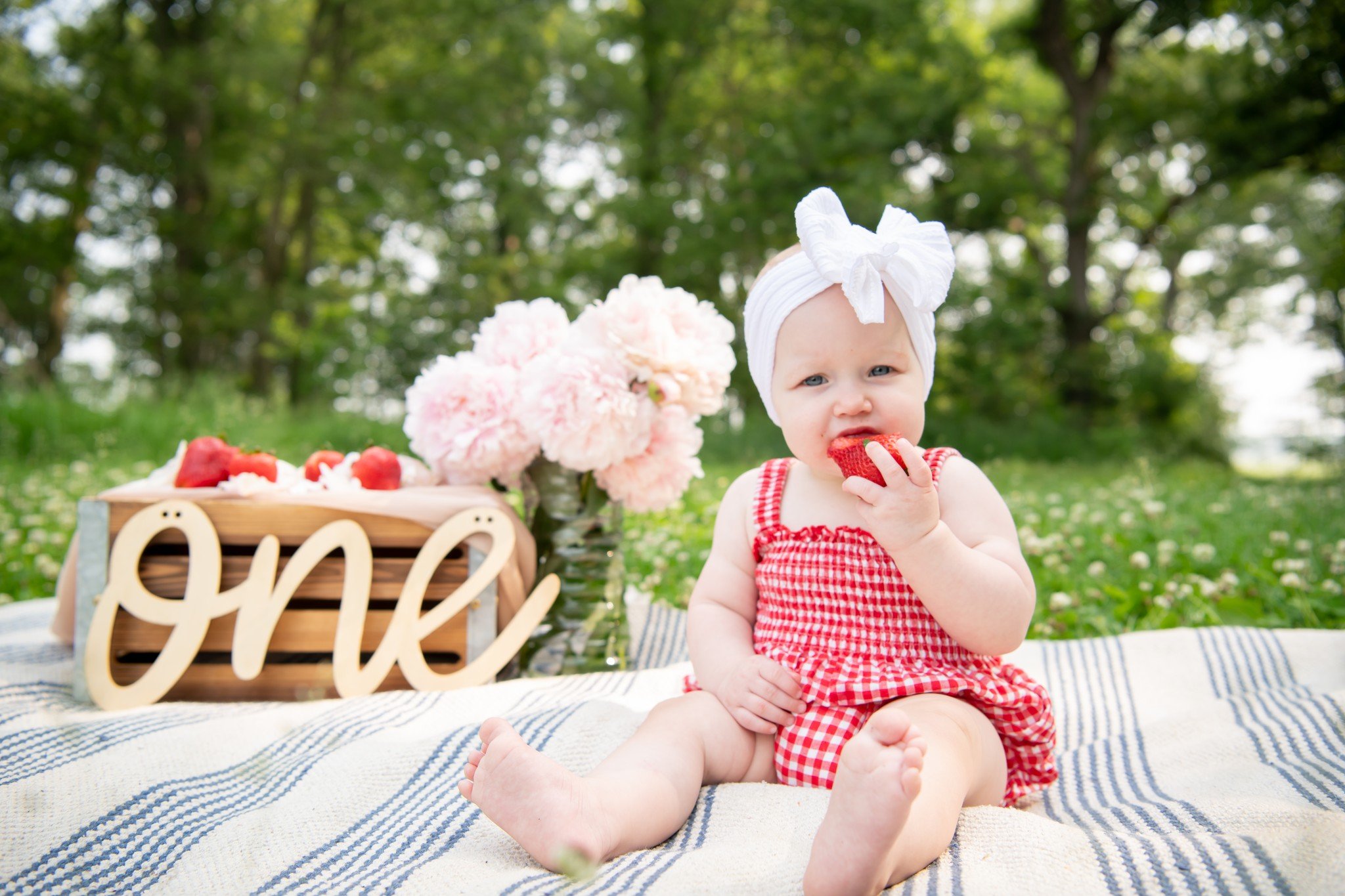 A baby girl wearing a red checkered dress and a white head wrap, sitting on a blanket outdoors, eating a strawberry. There is a basket with strawberries and a sign that says 'one' next to a vase of pink flowers in the background.