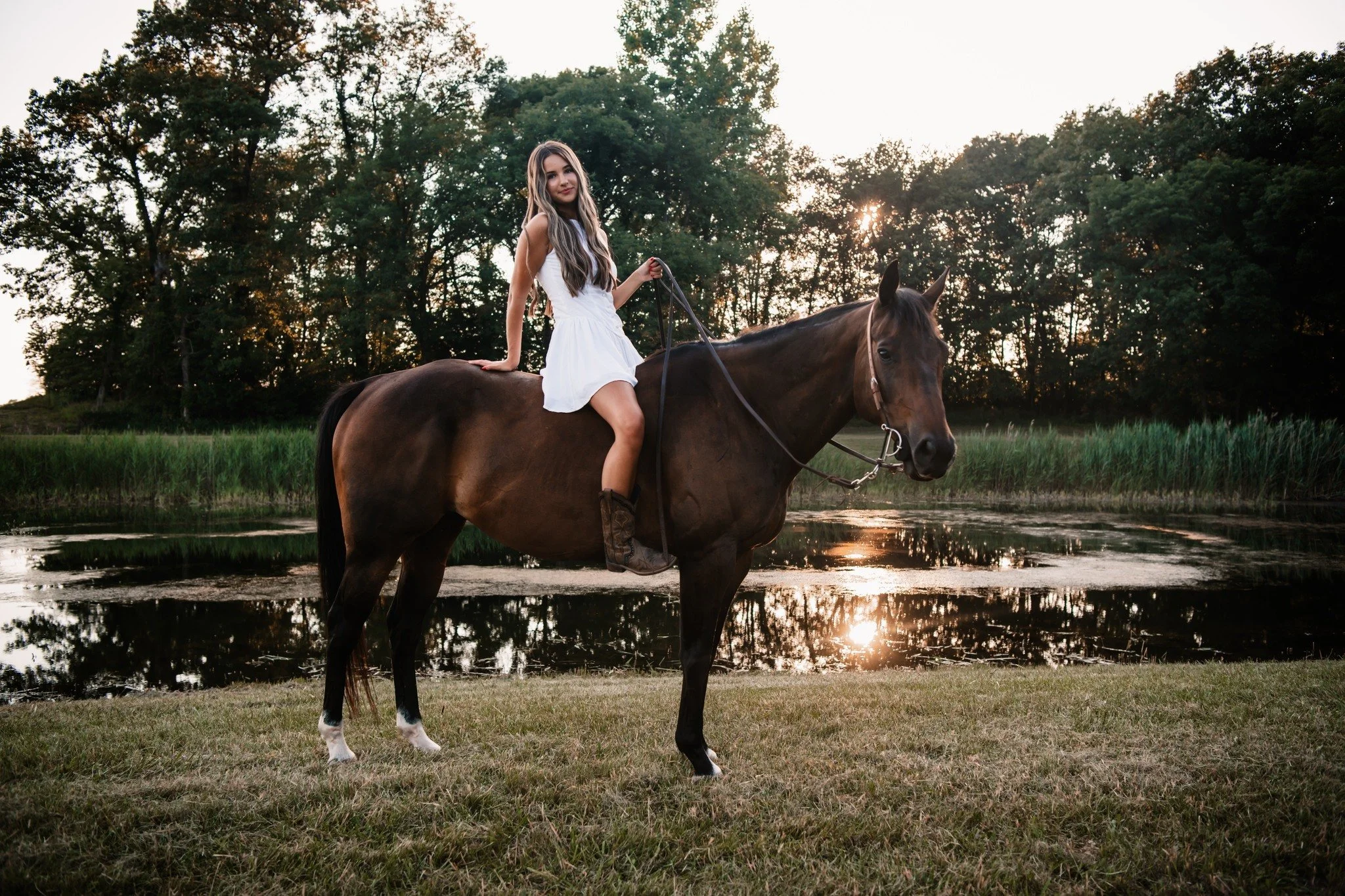 A woman in a white dress sitting on a brown horse near a pond at sunset with trees in the background.