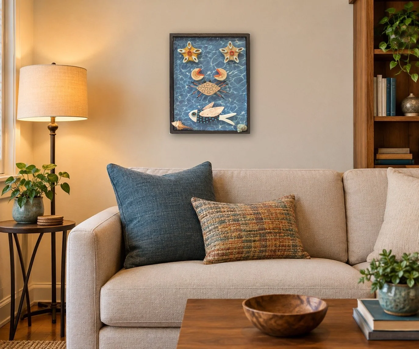 A Fish Tale assemblage hung above a beige sofa in a cozy living room
