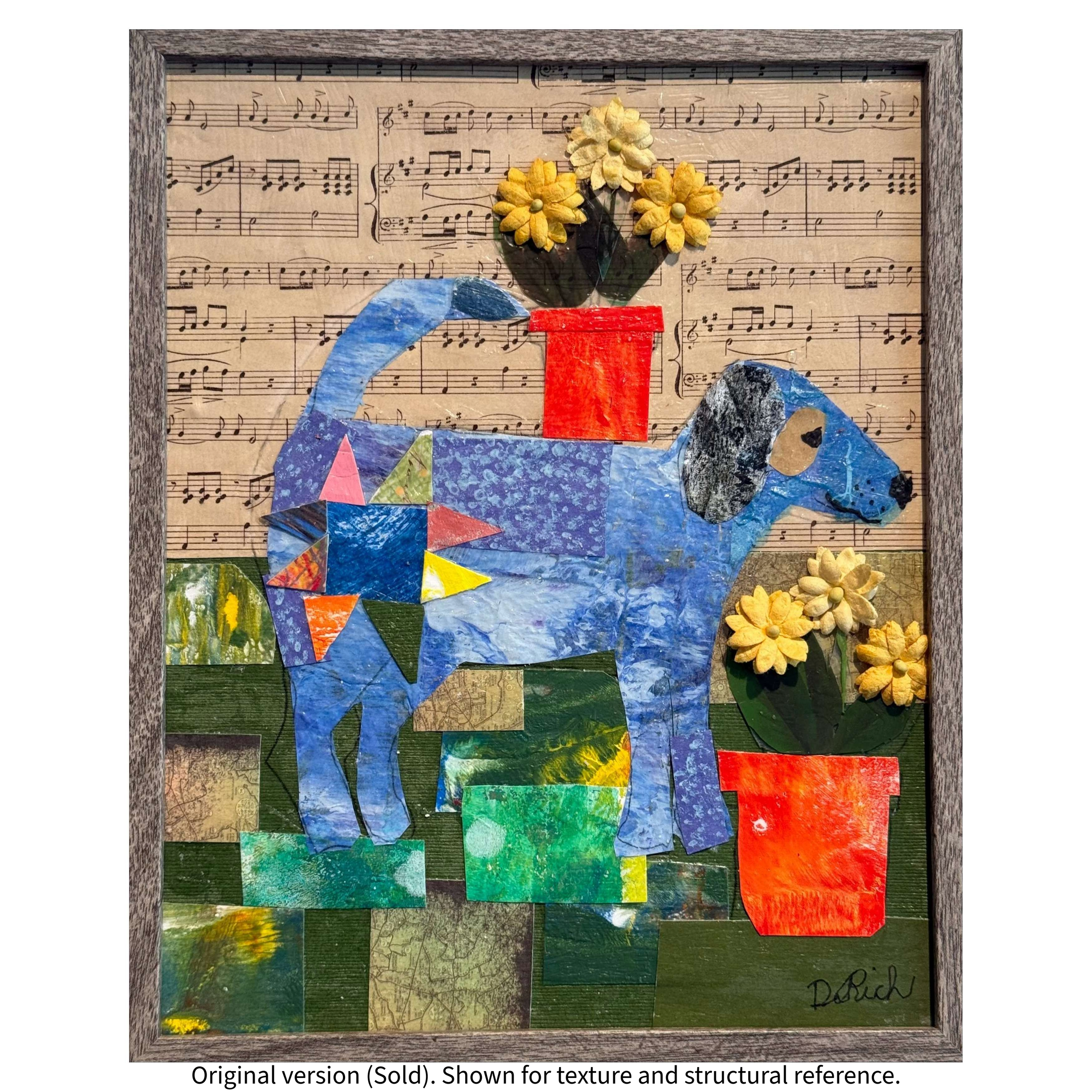 Sold original blue dog mixed-media collage by Debra Rich. Label reads: Original version (Sold) for reference.