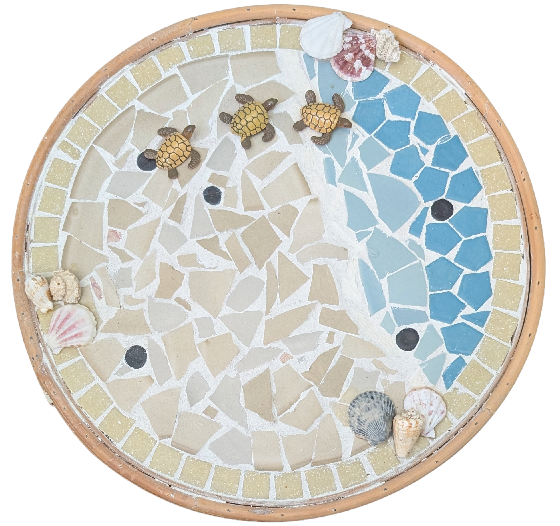 Handcrafted mosaic accent table with vibrant hand-placed tiles and wooden legs-top