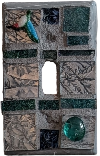 Handcrafted mosaic single toggle switch plate grey green glass hummingbird