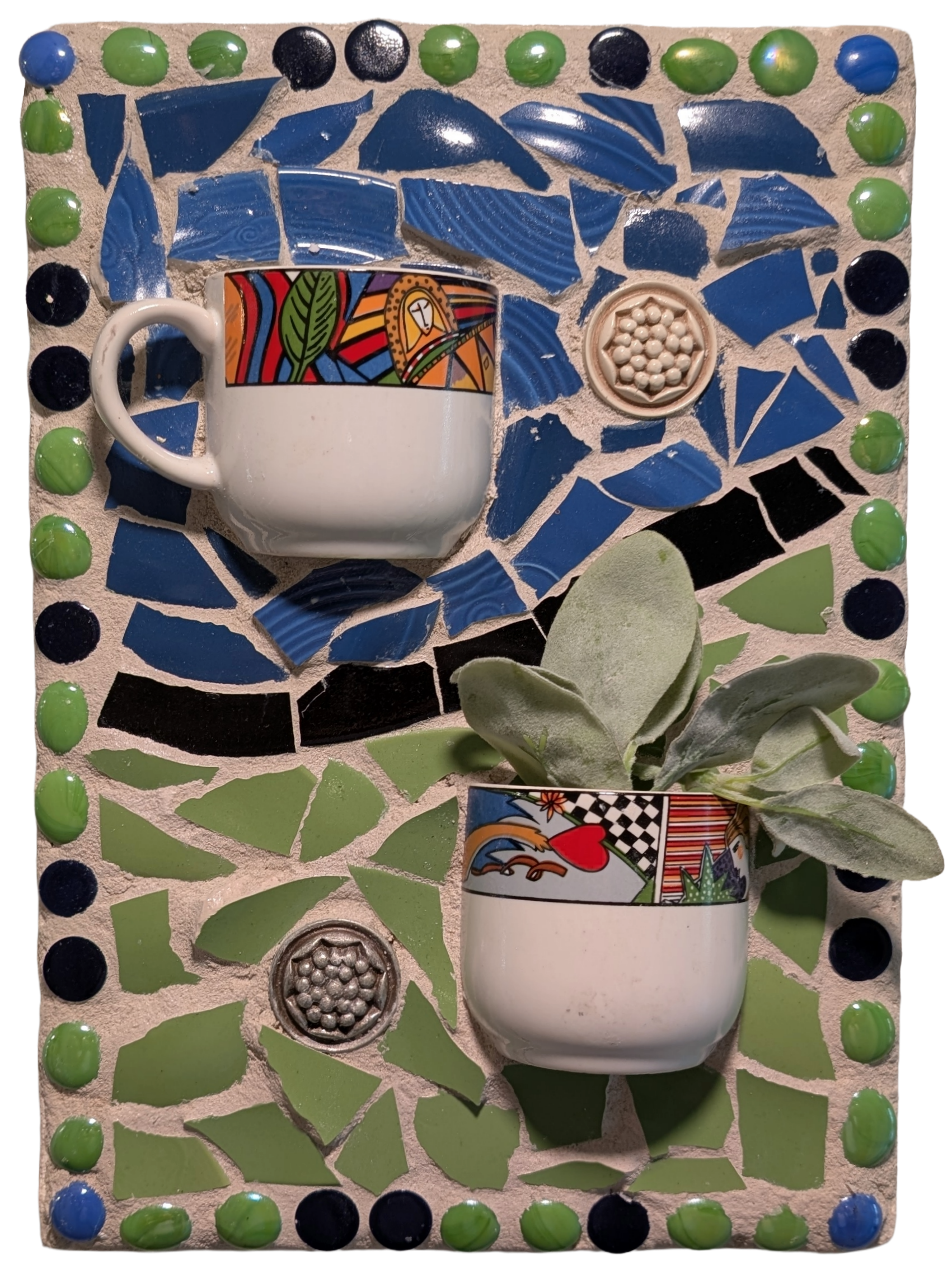 Vibrant 10x14.5 inch handcrafted mosaic with two colorful ceramic cup motifs