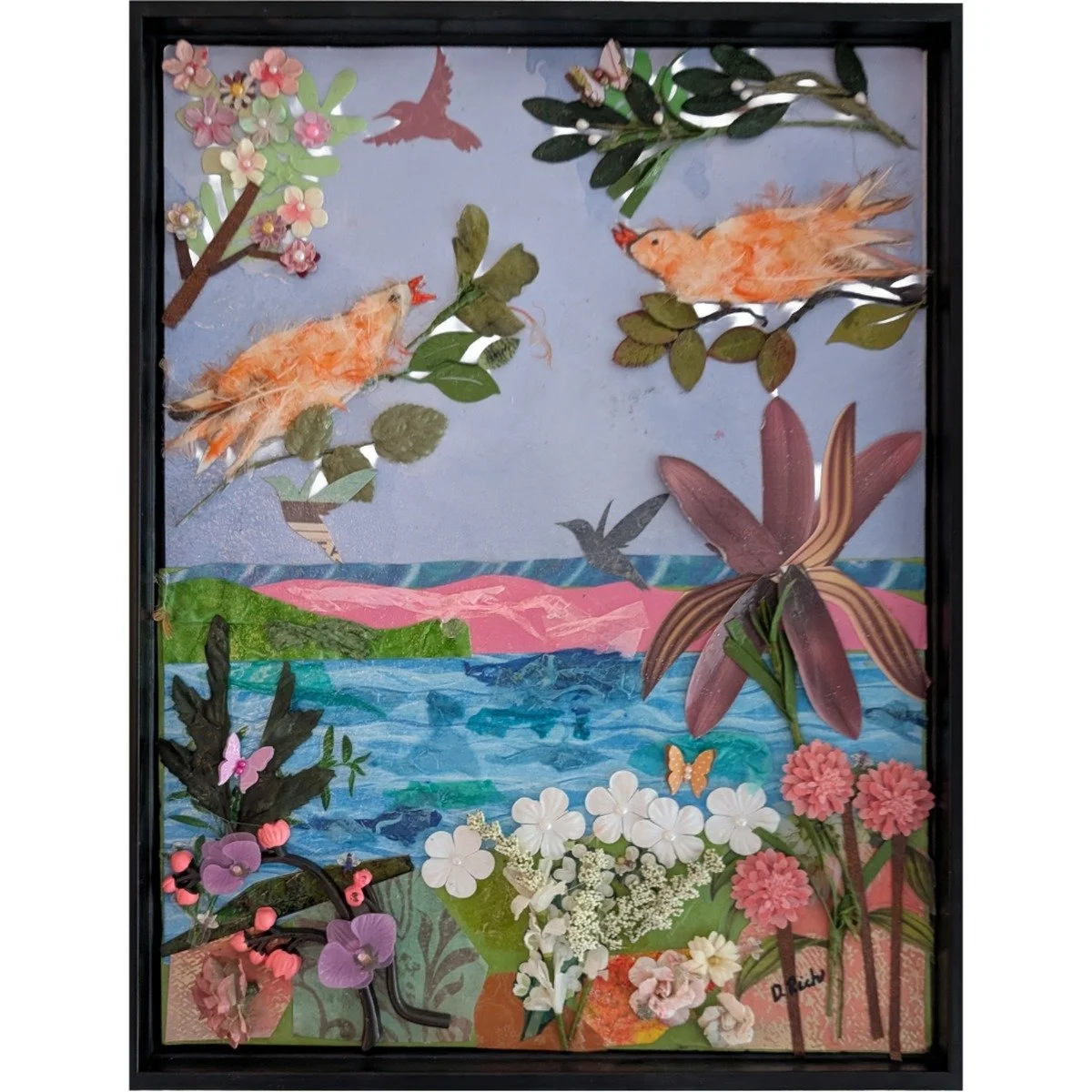 ull view of Mango's Last Stand mixed-media memorial collage — two orange canaries made from real feathers in layered paper garden, by Debra Rich on white