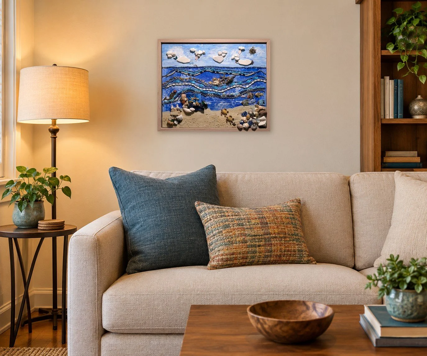Coastal Harmony beach assemblage, 18 by 22 inches, hanging above a beige sofa