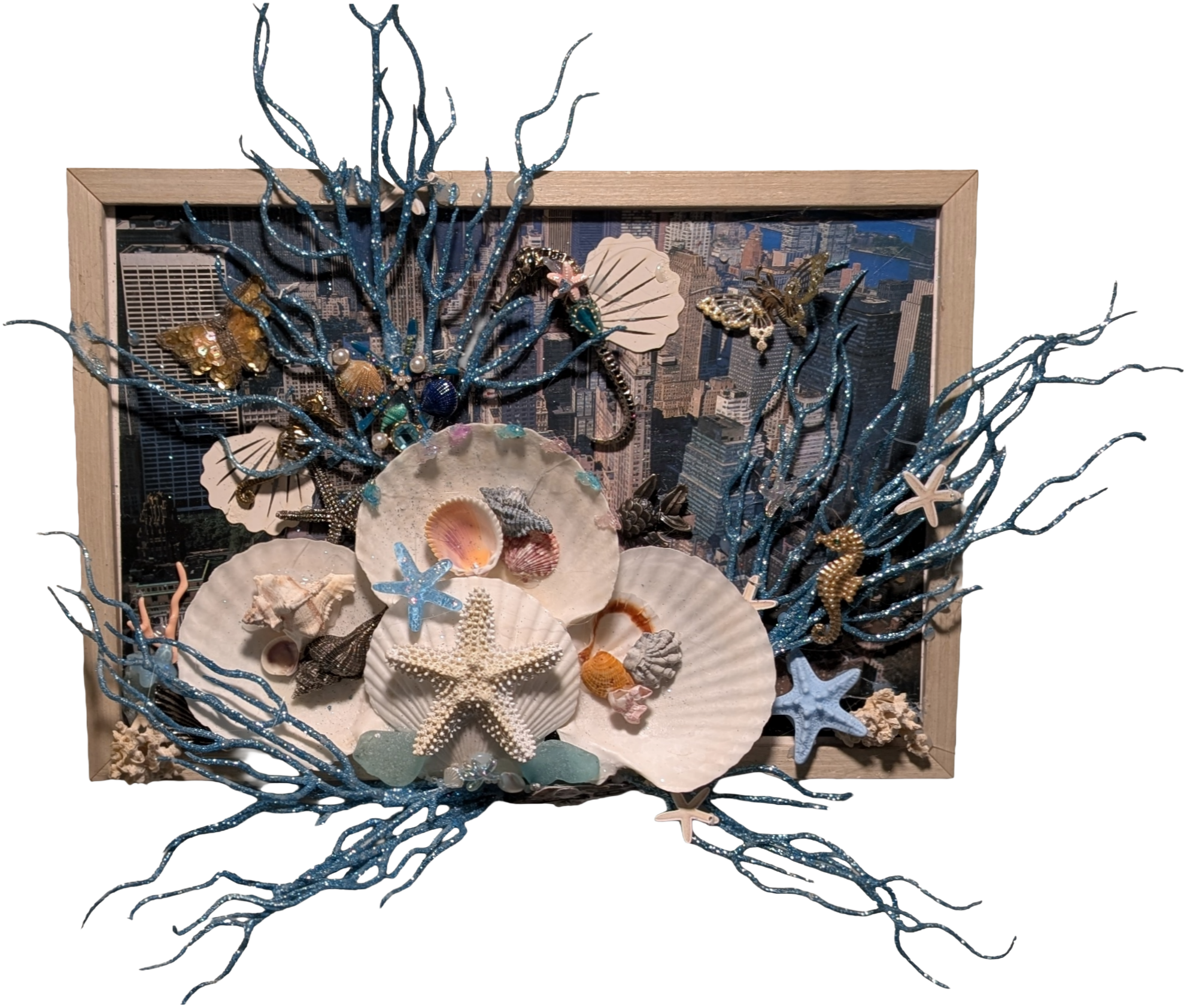 Handcrafted 18x21 inch assemblage art with genuine seashells, starfish, and coral over a city skyline