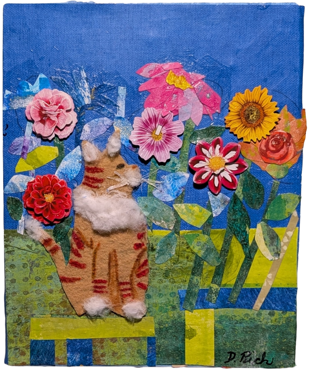 Collage artwork of a sitting cardboard and felt tiger surrounded by colorful paper flowers and leaves on a blue background.