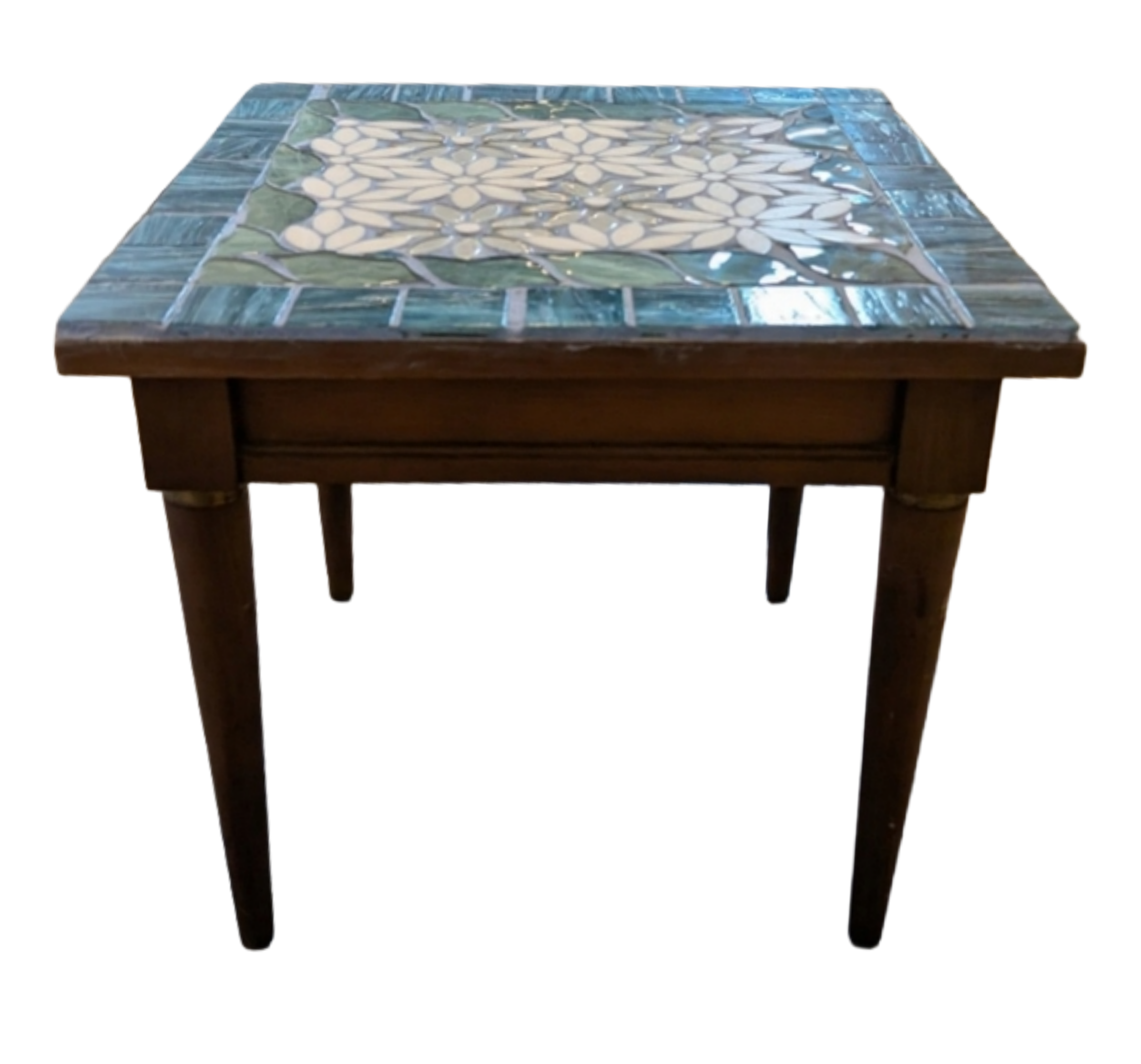 Handcrafted mosaic table depicting a field of daisies surround by blue and green tiles-side view