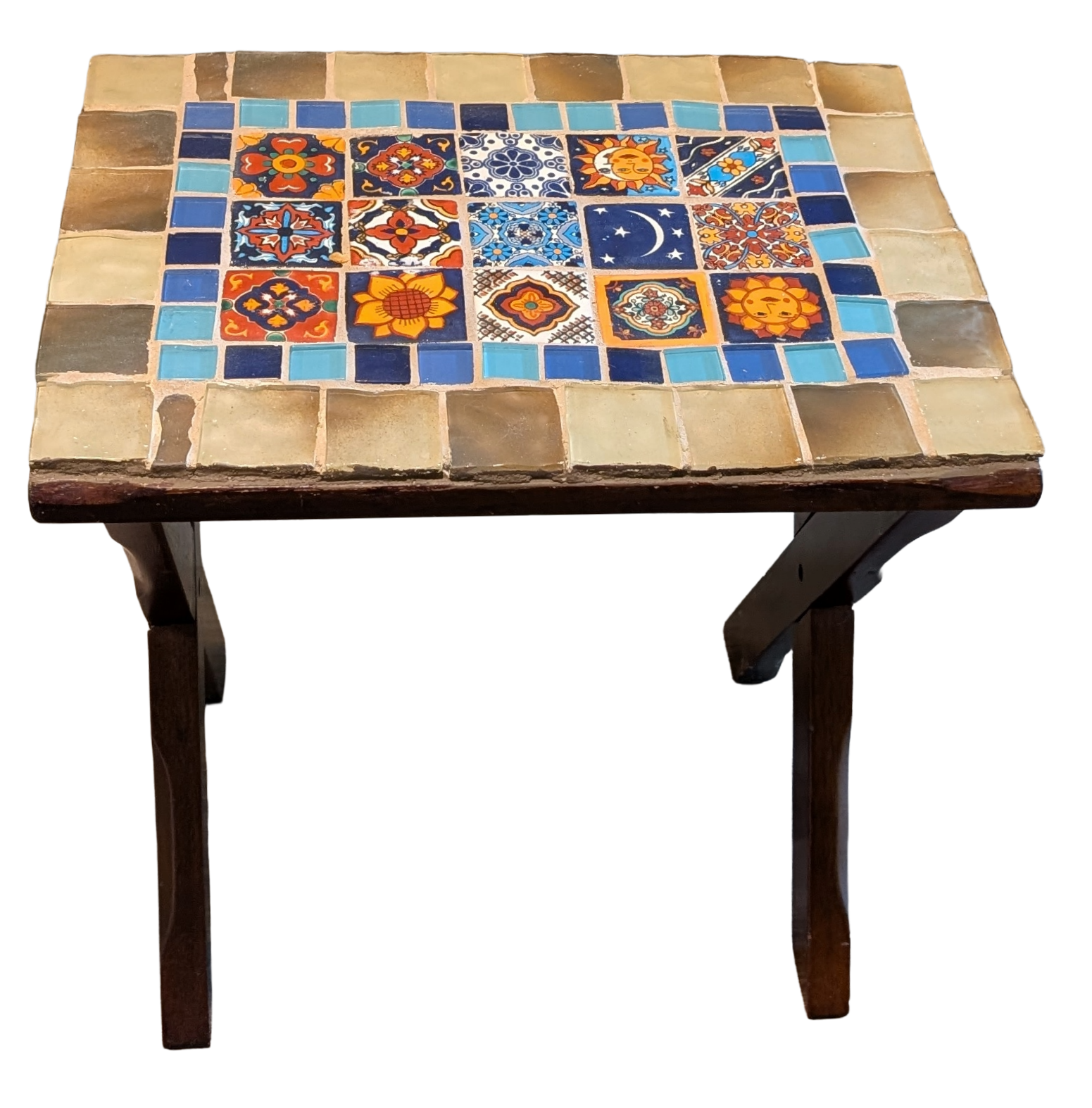 Mexican Talavera mosaic side table front view folding X-base