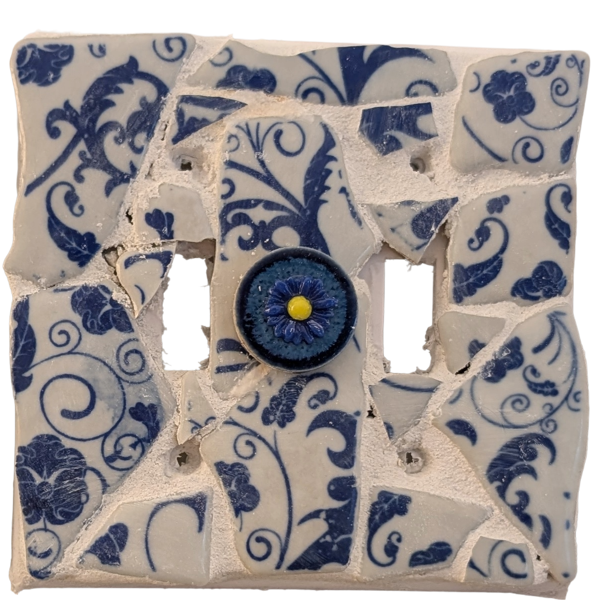 Delft blue broken china mosaic dual toggle switch plate fused glass flower medallion
