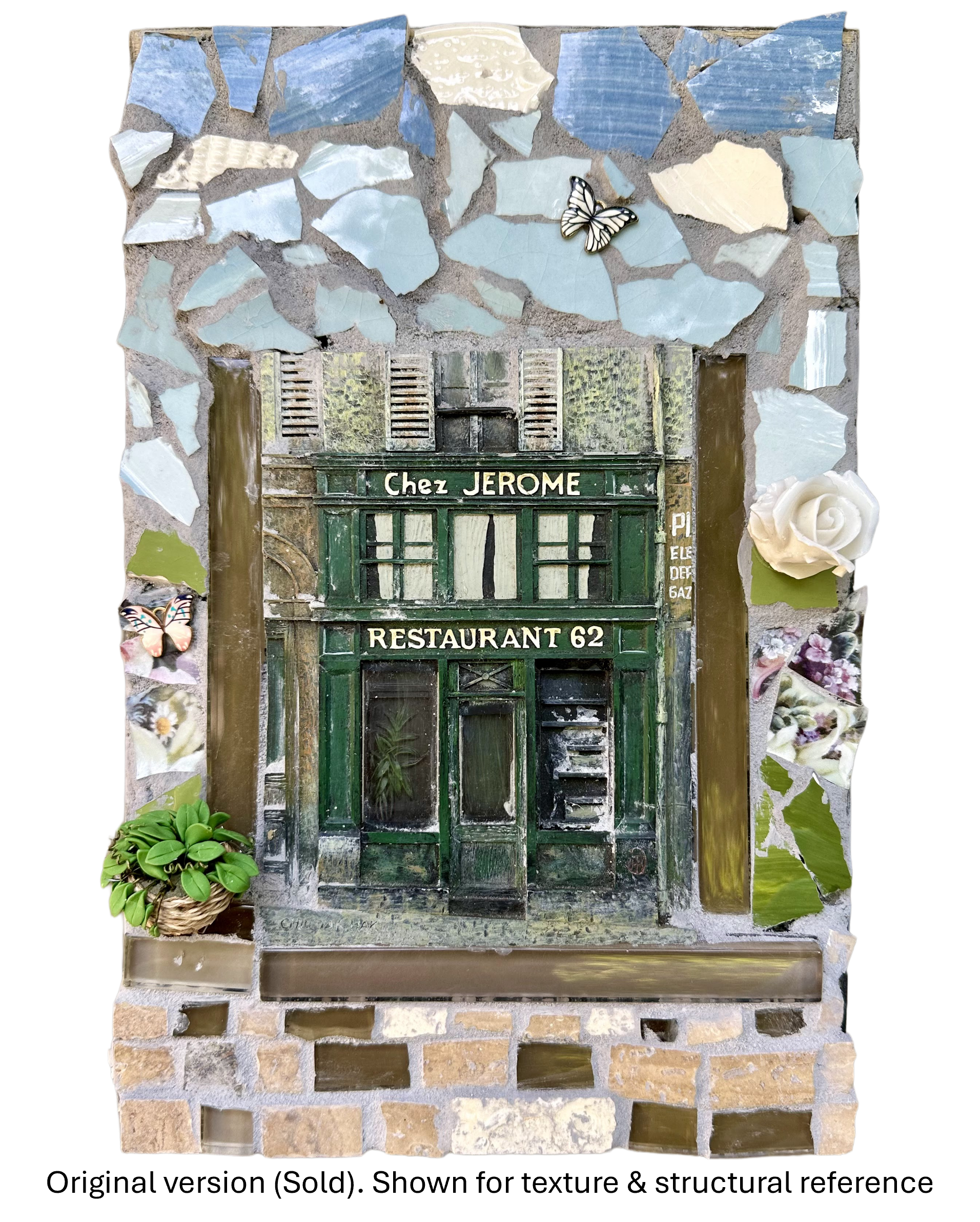 Ceramic mosaic wall art (Sold) depicting the charming Parisian facade of Chez Jerome Restaurant, by Sarasota artist, Debra Rich.