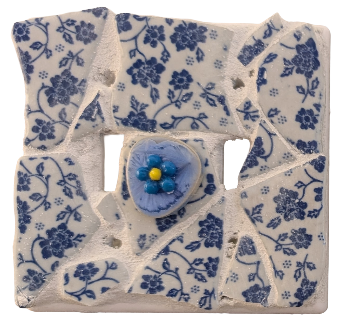 Delft blue broken china mosaic dual toggle switch plate ceramic flower heart