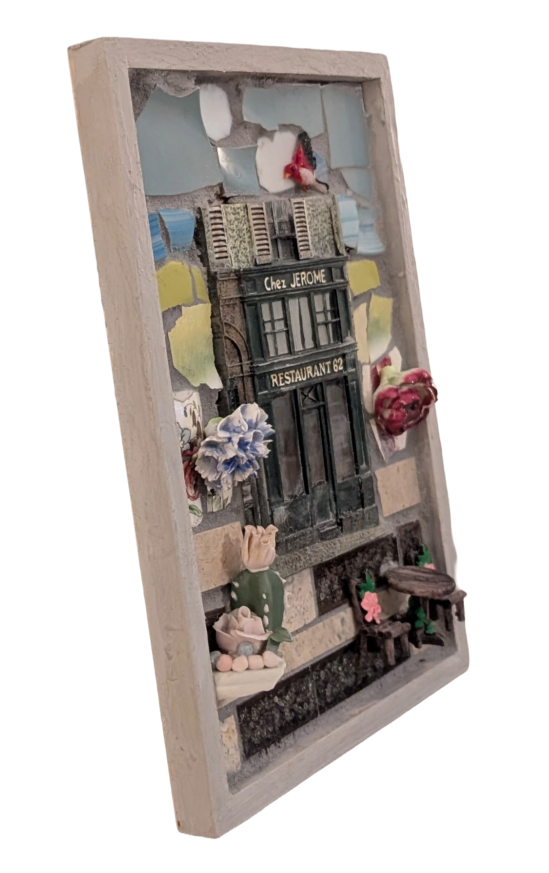 Ceramic mosaic depicting the charming facade of Chez Jerome Parisian bistro, by Debbie Rich - left-side