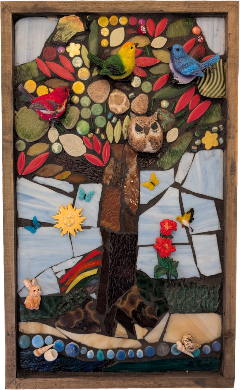 Colorful glass mosaic wall art featuring a tree, flowers, owls, and sun symbols