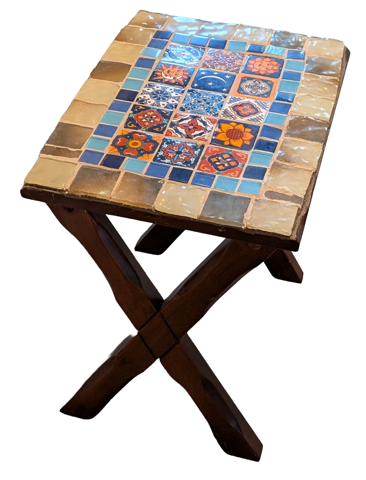 exican Talavera mosaic side table left side walnut X-frame base