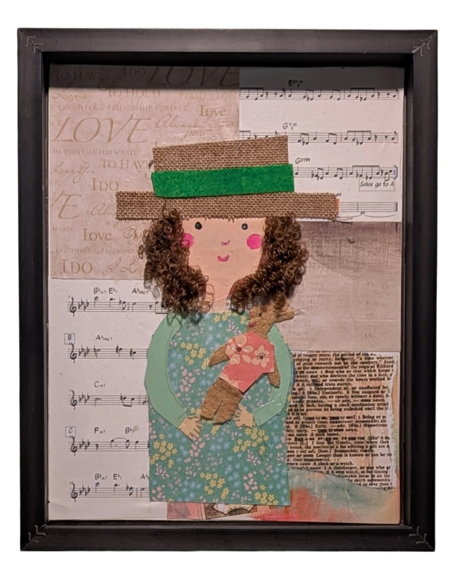Textured mixed-media collage depicting a young girl with curly hair, with a hat on, holding her stuffed animal surrounded by sheet music, by Sarasota Artist Debra Rich.