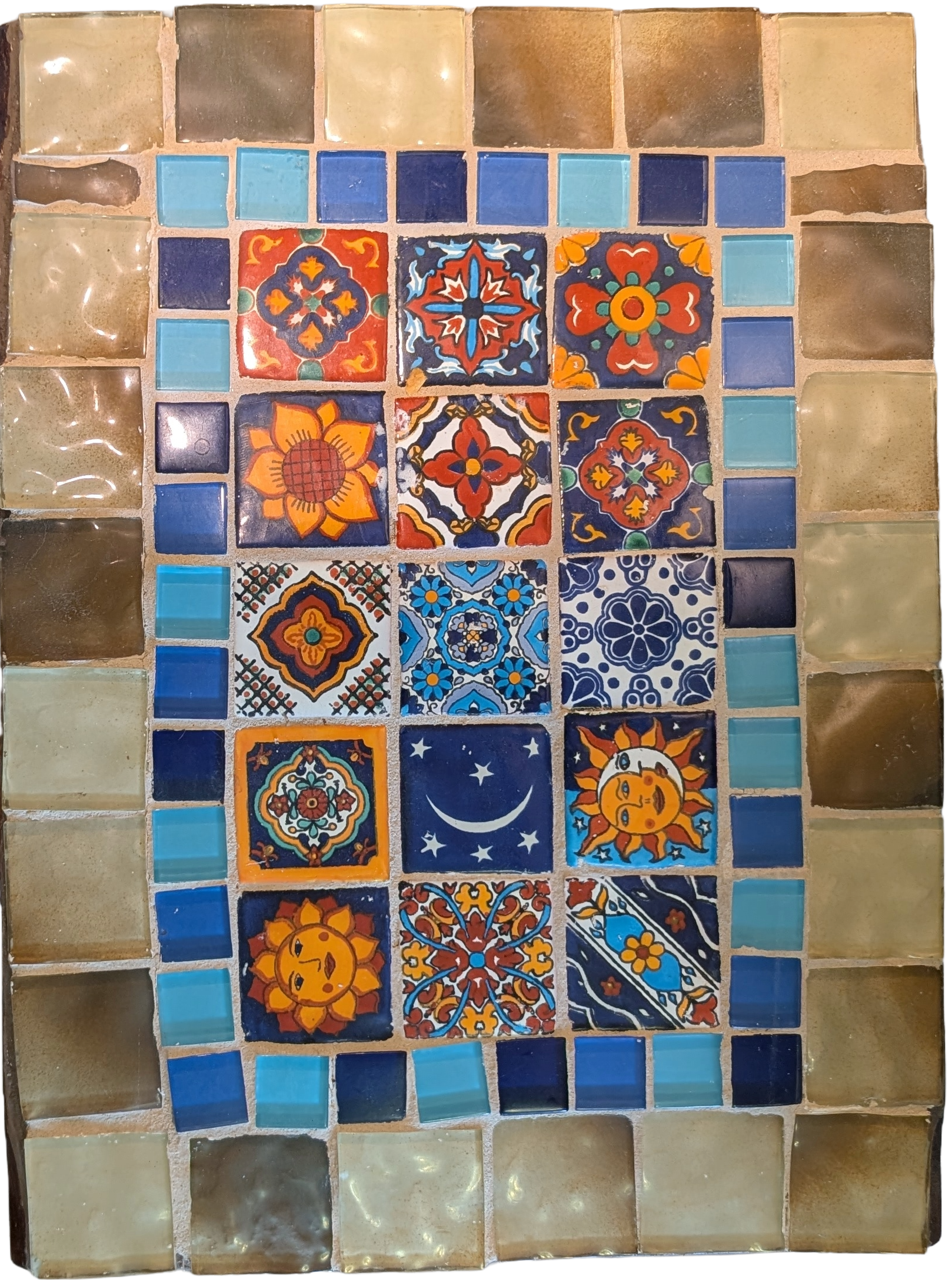 Mexican Talavera mosaic table top sun moon floral tile detail