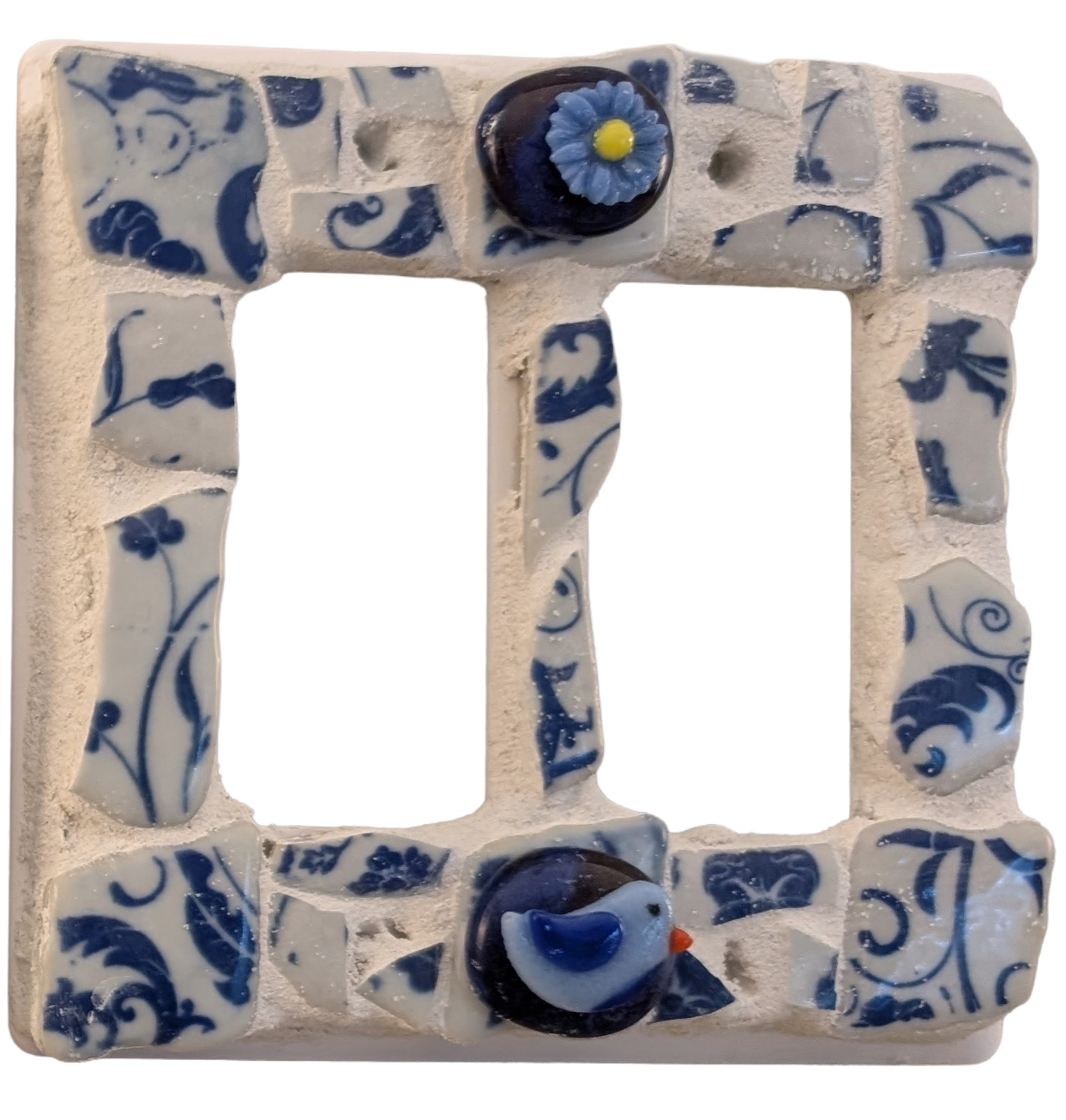 Delft blue broken china mosaic dual Decora switch plate blue bird fused glass