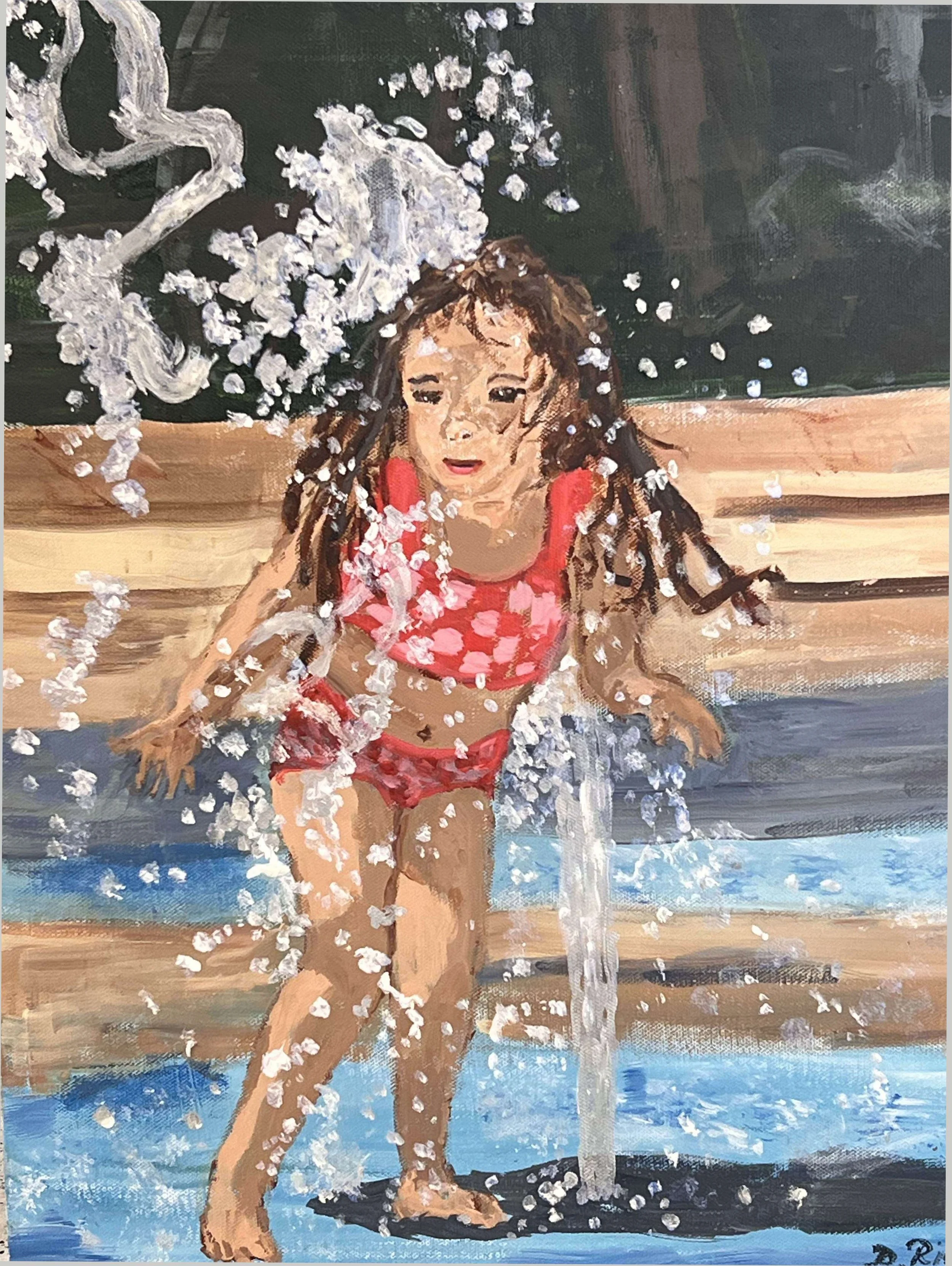 Joyful Splash: Acrylic Painting of Girl Playing in Water