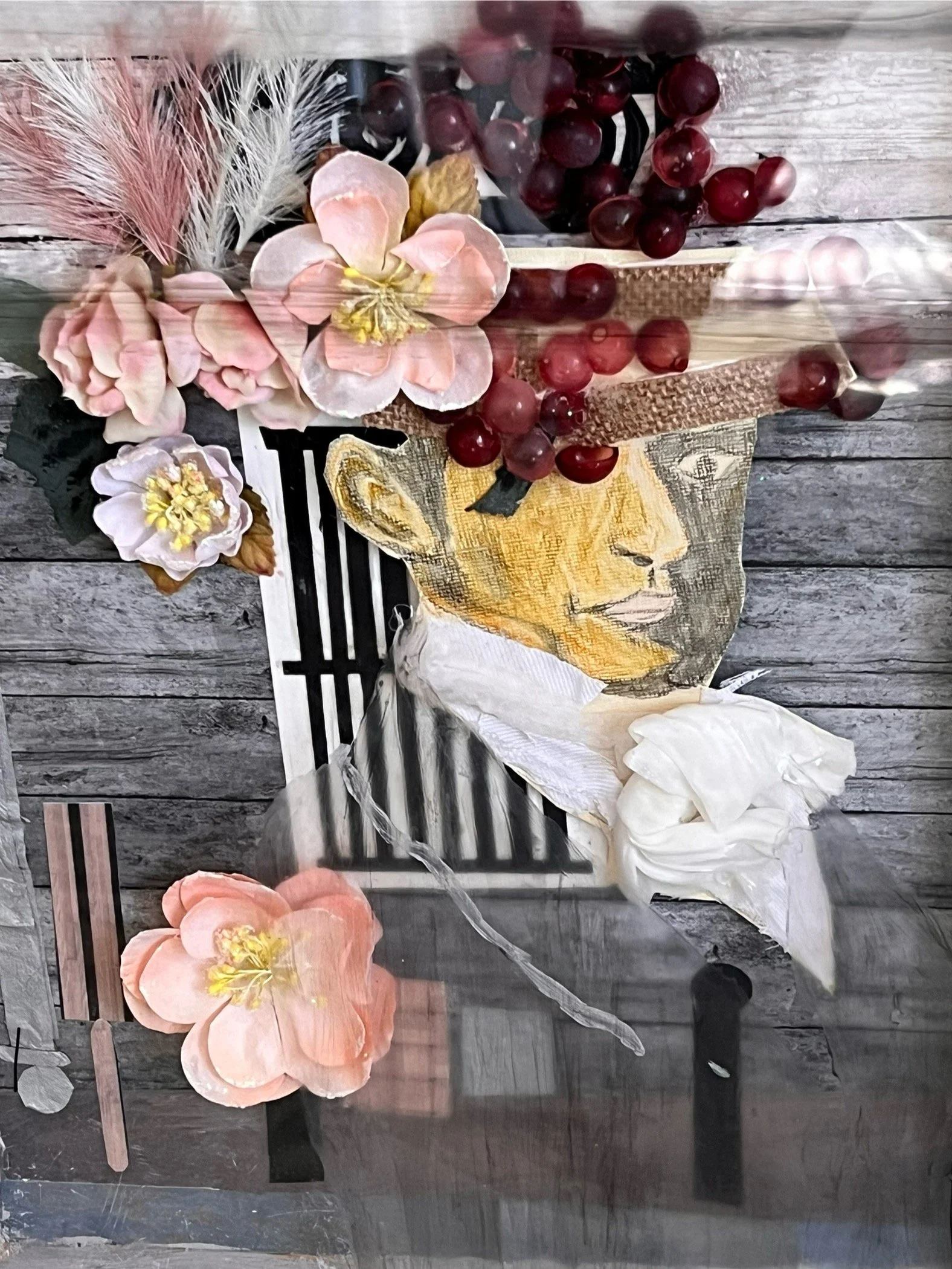 3D Assemblage behind glass with floral and beads, by Sarasota Florida artist, Debra Rich