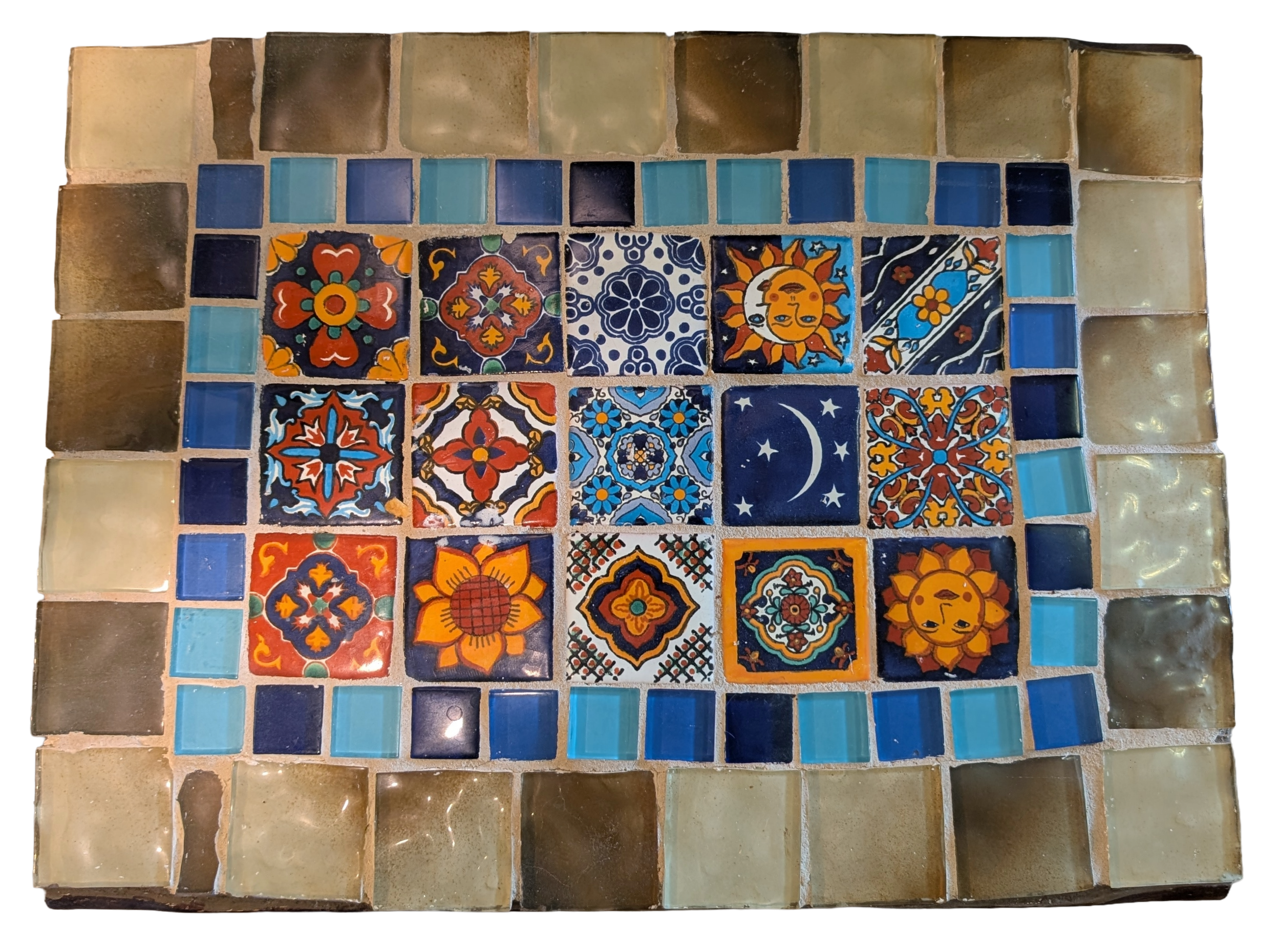 Mexican Talavera mosaic table top overhead view 15 hand-painted tiles