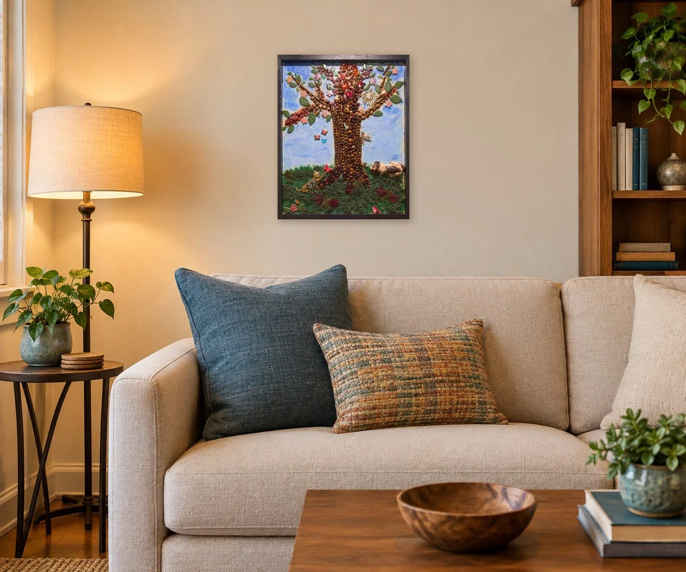 The Last Tree tree assemblage art, 20 by 16 inches, hanging above a beige sofa
