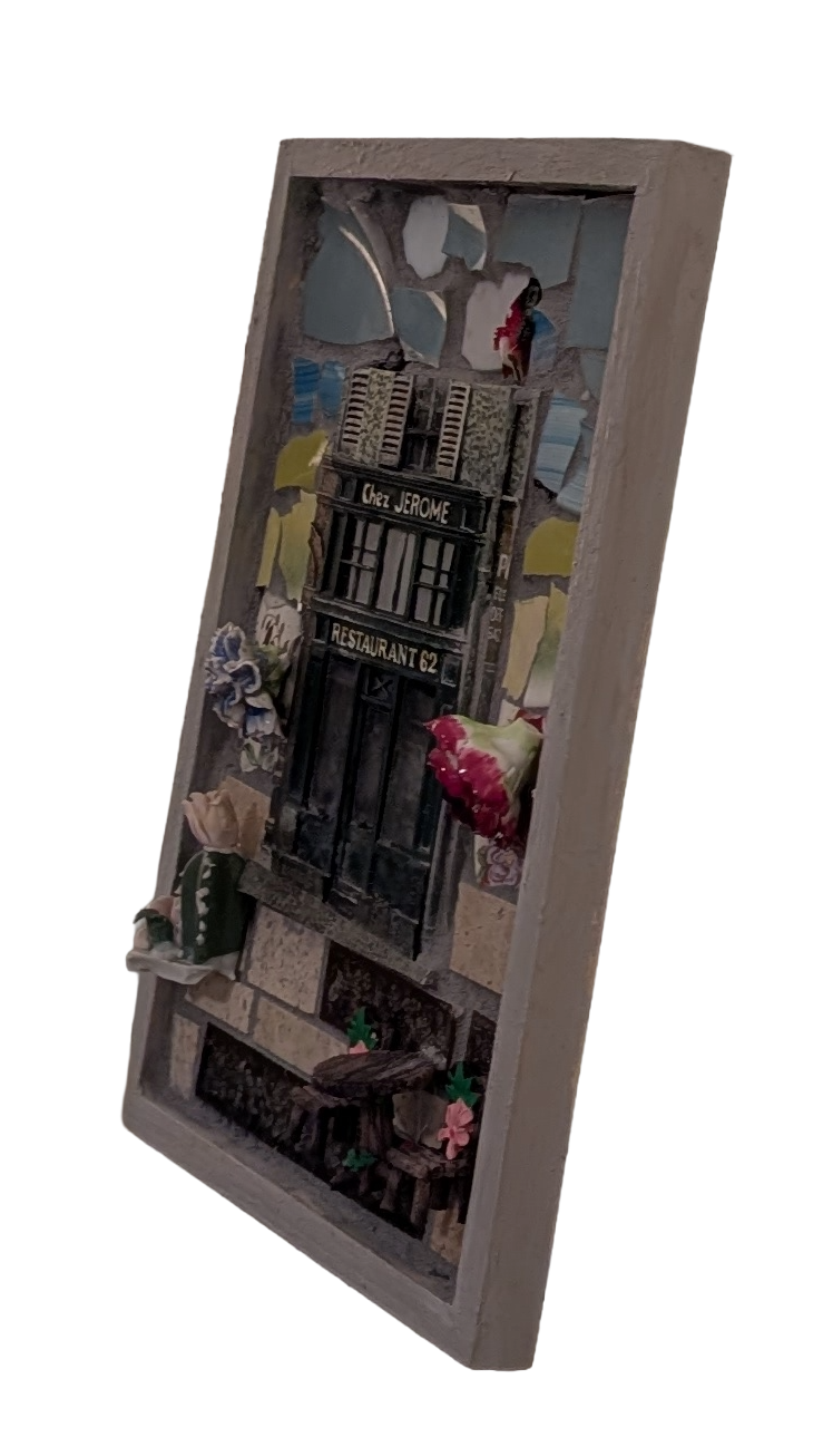 Ceramic mosaic depicting the charming facade of Chez Jerome Parisian bistro, by Debbie Rich -righ-side