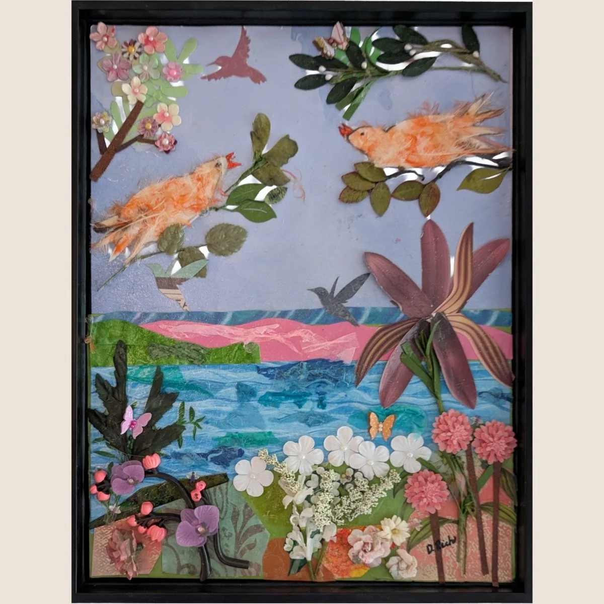 ull view of Mango's Last Stand mixed-media memorial collage — two orange canaries made from real feathers in layered paper garden, by Debra Rich