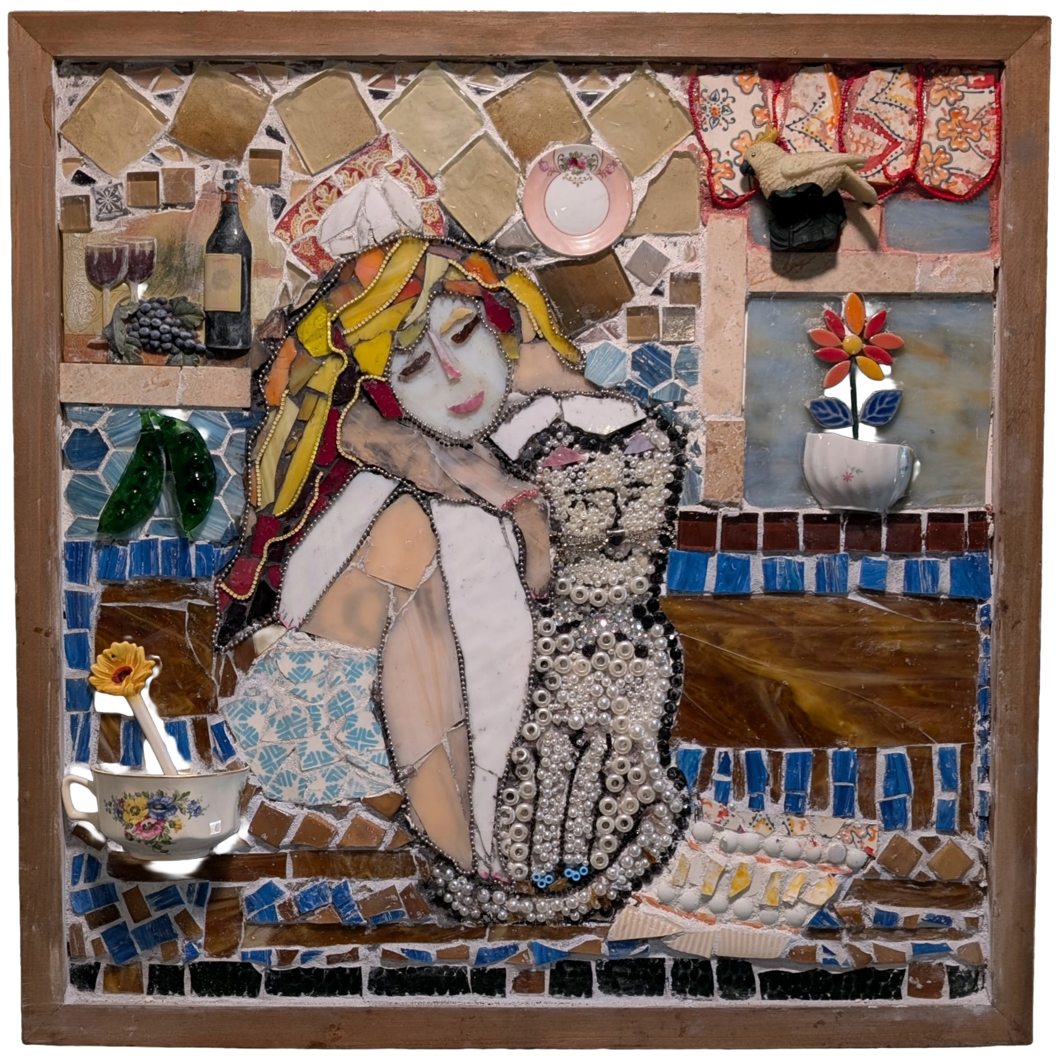 Relaxin' with the Cat mosaic assemblage art by Debra Rich — woman and cat portrait made with tile, glass, and pearls
