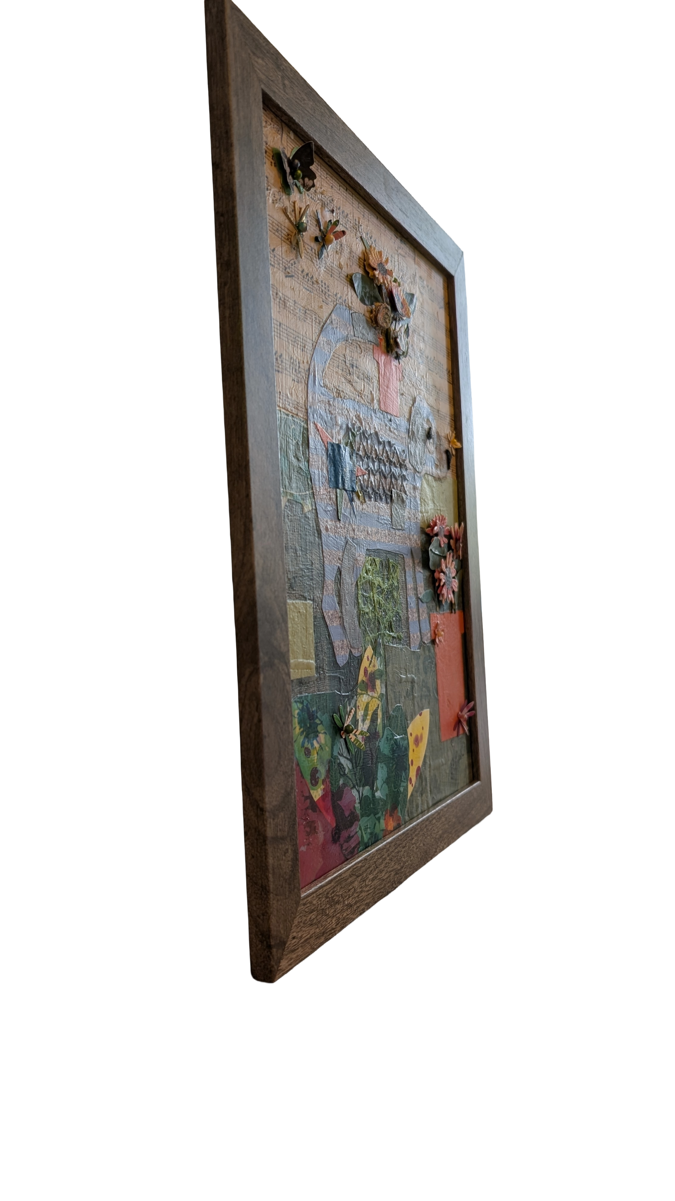 Original art blue striped dog mixed-media collage wall art by Debra Rich, sheet music & 3D paper flowers-left