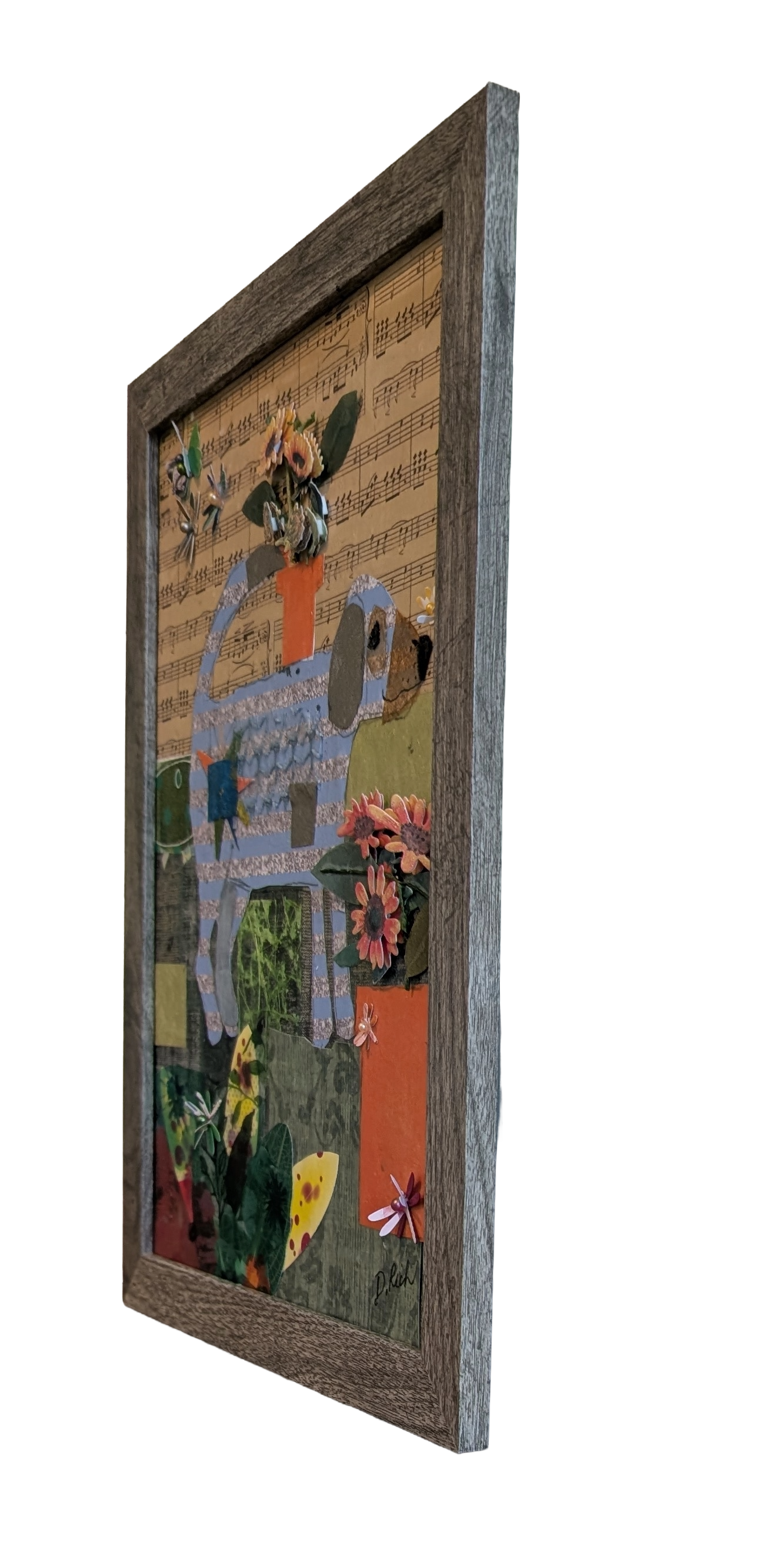 Original art blue striped dog mixed-media collage wall art by Debra Rich, sheet music & 3D paper flowers-right.